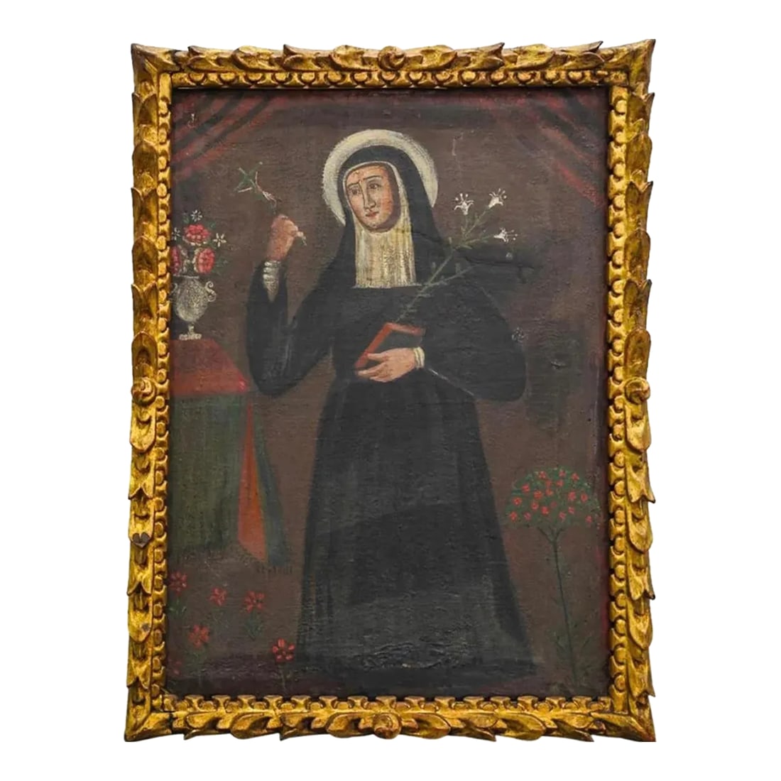 Saint Catherine of Siena Oil on Canvas Spanish Colonial Painting: 18th Century oil on canvas painting depicting Saint Catherine of Siena bearing lilies and a book in her left hand and a crucifix in her right, while standing among flowers before a flower vase on a