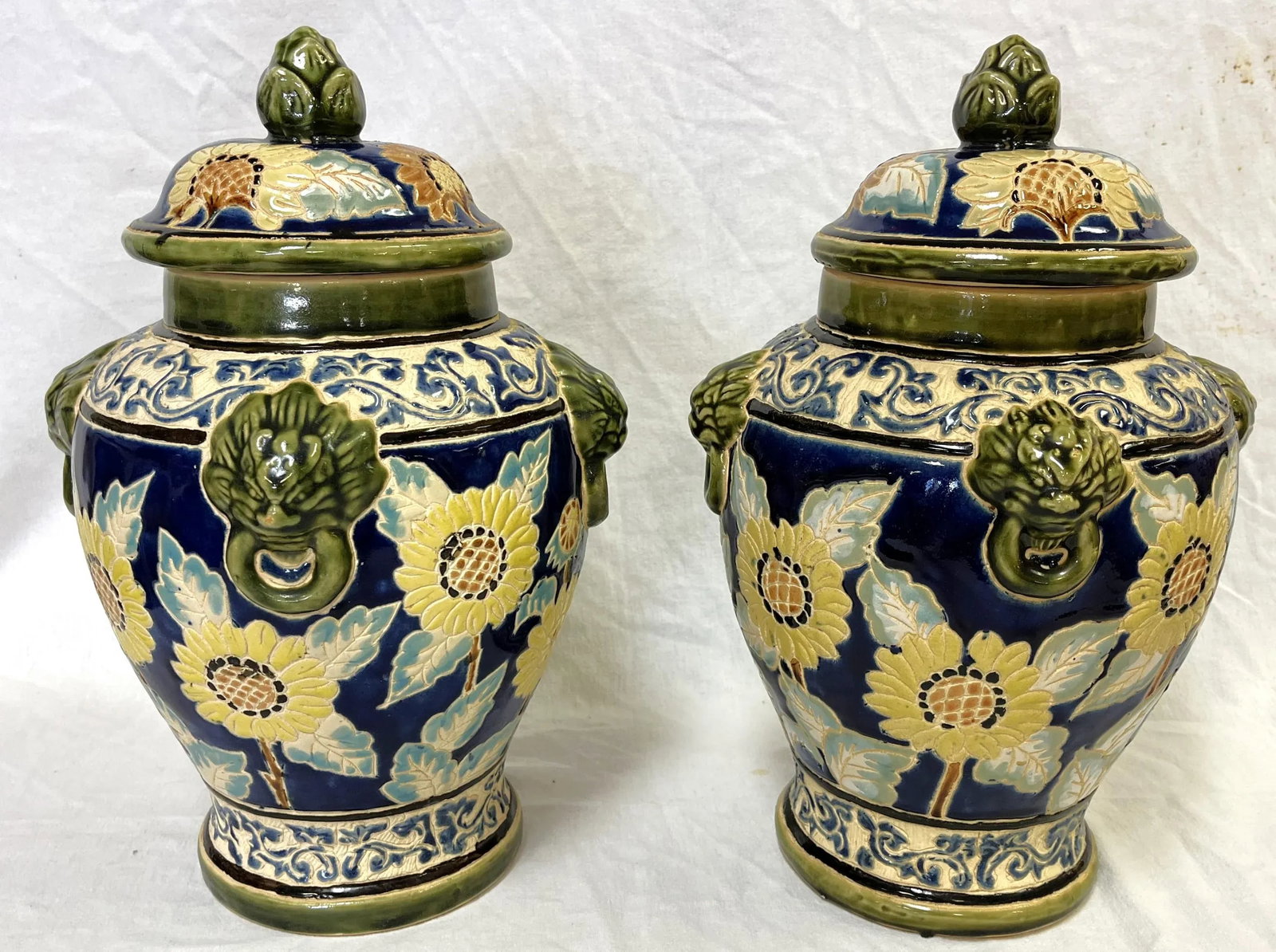 Large Vintage Sgraffito Pottery Lidded Urns With Lion Heads and Sunflower Details- a Pair - 10