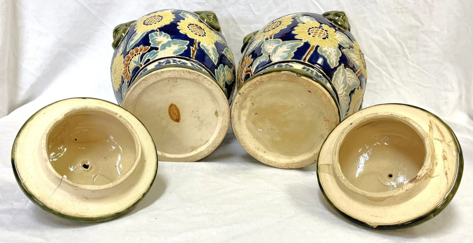 Large Vintage Sgraffito Pottery Lidded Urns With Lion Heads and Sunflower Details- a Pair - 11