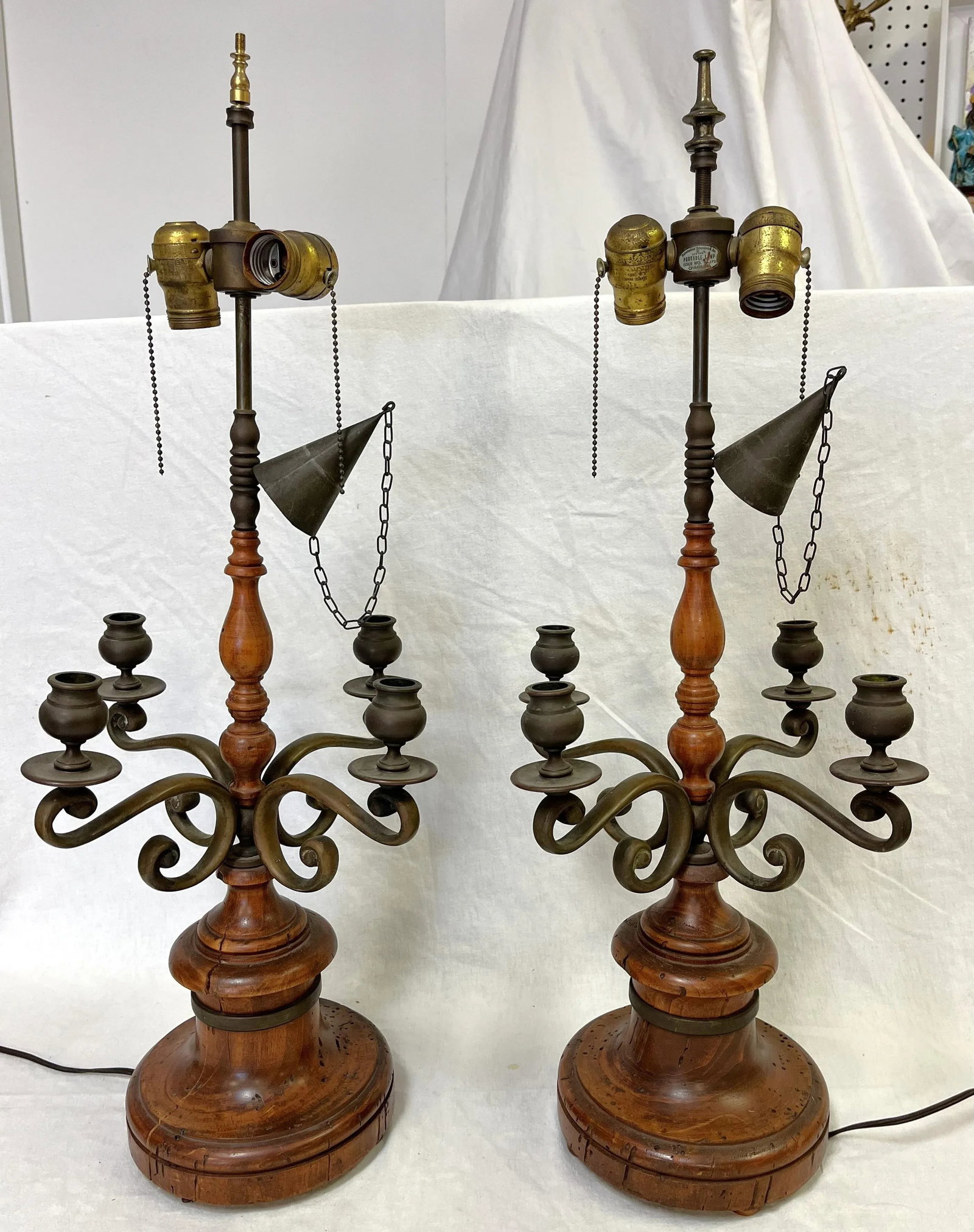 Vintage Chapman Italian Turned Wood With Bronze Candelabra Made Into Lamps- a Pair - 12