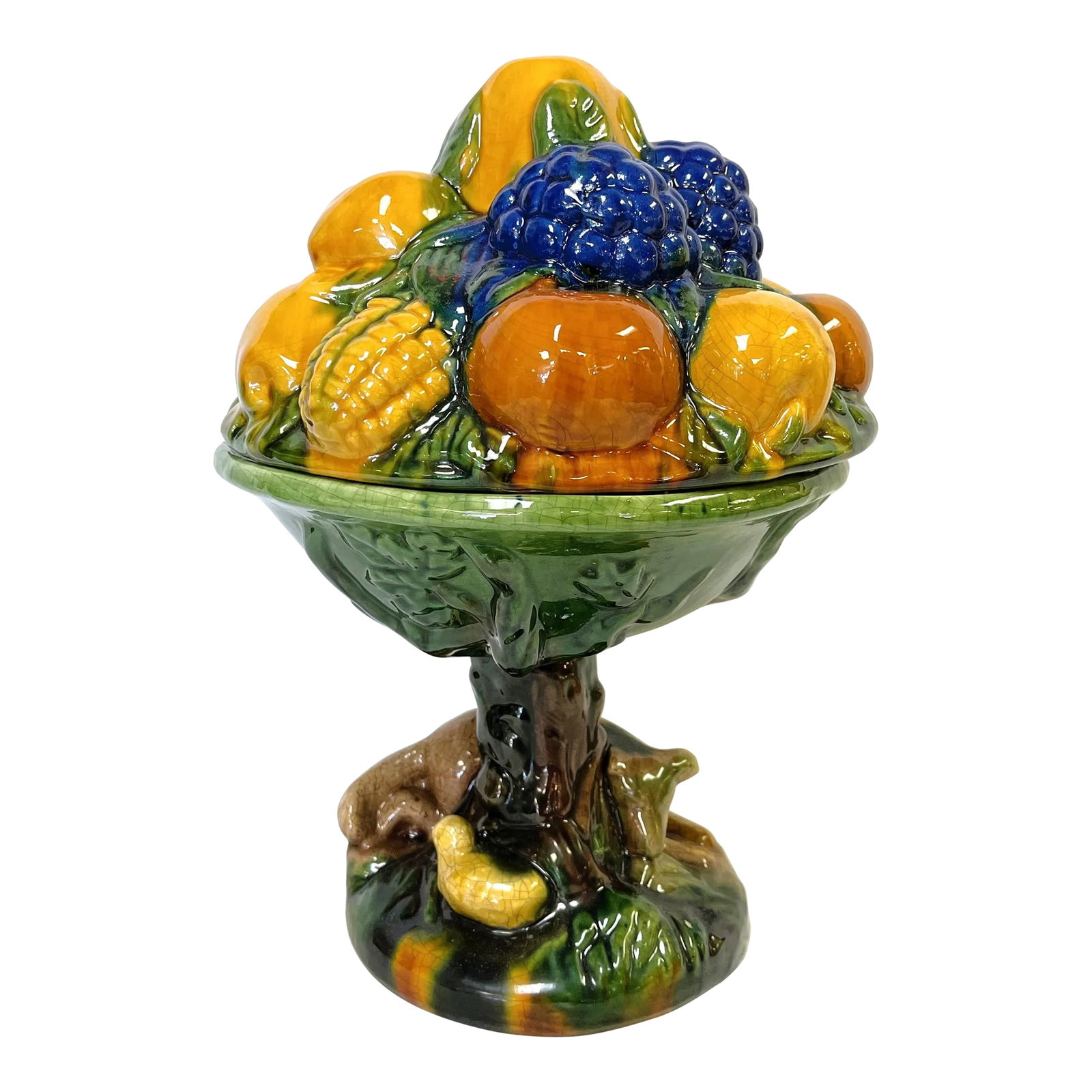 Mid Century Italian Majolica Ceramic Lidded Dish Topiary: Wonderful mid century majolica ceramic lidded dish topiary. It's made in the Italian majolica technique with colorful fruits atop a pedestal base tree trunk with sleeping chick and lamb figures