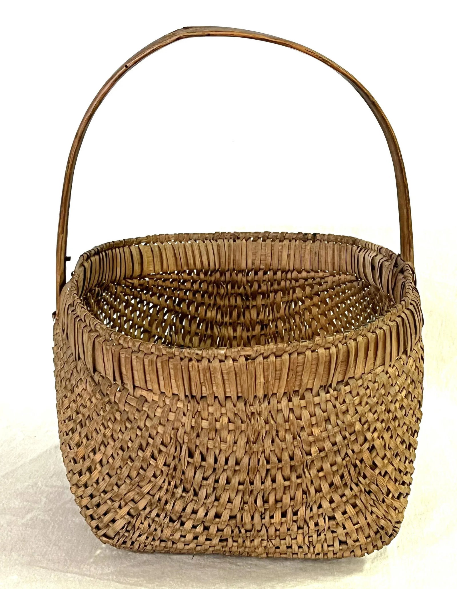 Antique Primitive Round Buttocks Woven Egg Basket With Bent Wood Handle - 8