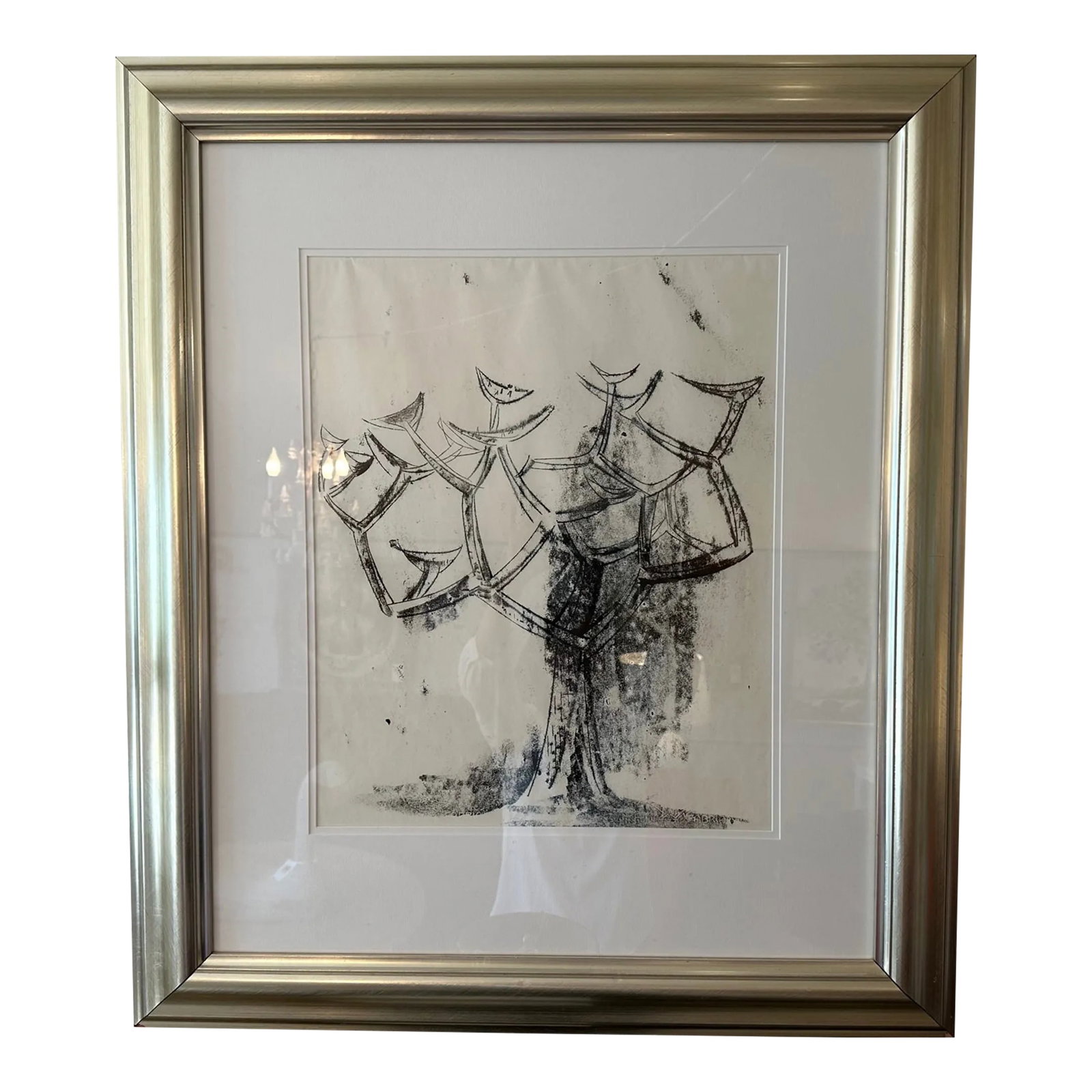 Monochromatic Harry Bertoia Print: Fascinating monographic by Harry Bertoia having surrealistic style probably influenced by Odilon Redon and Paul Klee. Handsomely matted and framed. Condition: Alterations: Original Condition Unaltered