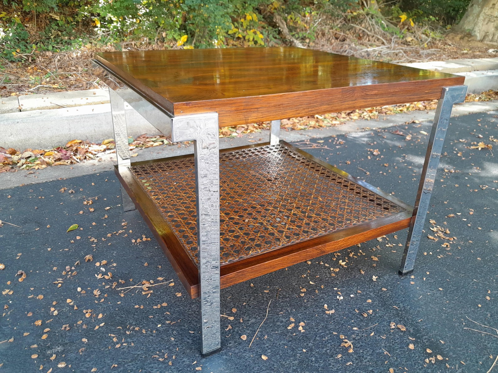 Mid 20th Century Milo Baughman Style Rosewood, Cane and Chrome Side Table - 10