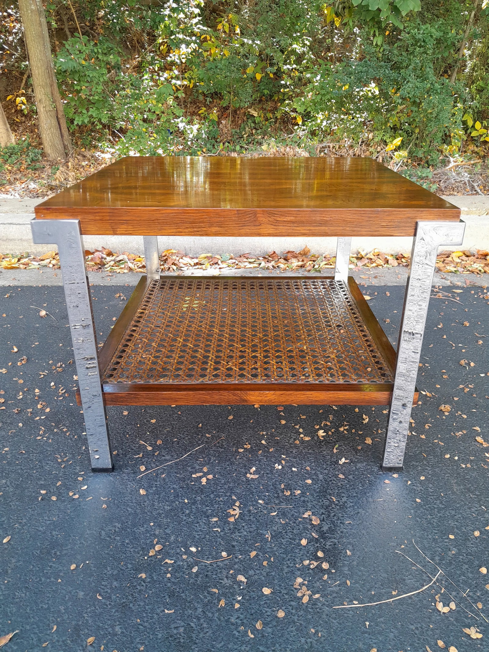 Mid 20th Century Milo Baughman Style Rosewood, Cane and Chrome Side Table - 11