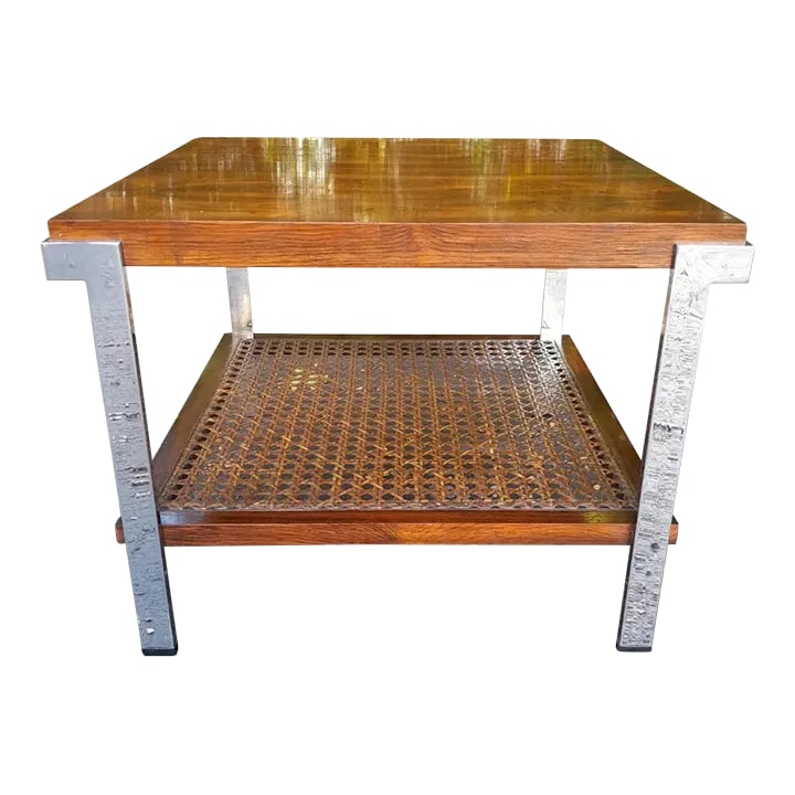 Mid 20th Century Milo Baughman Style Rosewood, Cane and Chrome Side Table: Timeless Style with this beautiful Rosewood Table in the style of Milo Baughman. Clean lines. Gorgeous cane and shiny chrome. Condition: Alterations: Original Condition Unaltered Imperfections: Some