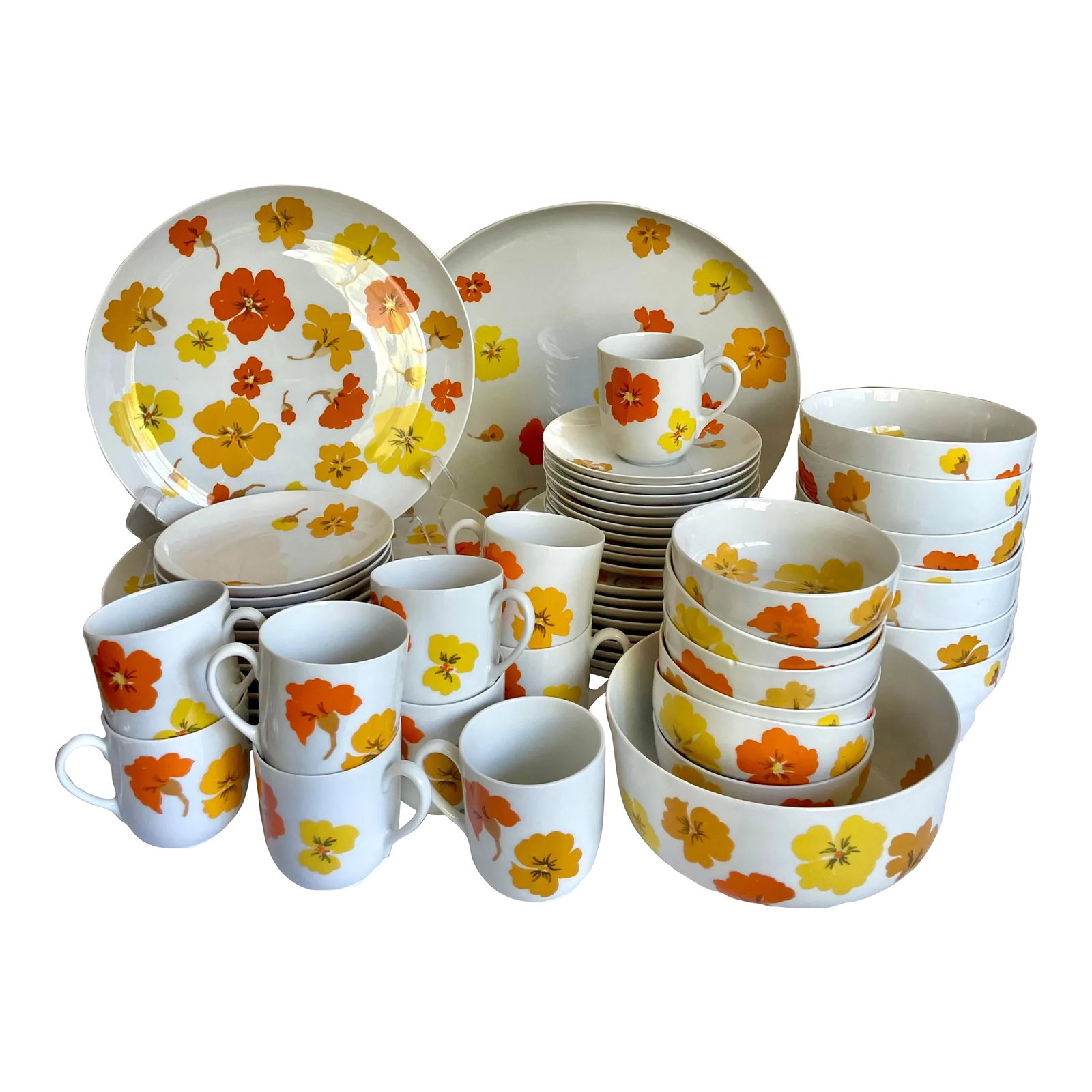 1960's Suisse Switzerland "Lugano" Porcelain Floral Dinnerware Set: Here is an incredible and RARE set of dinnerware from the 1960's made by Suisse, in Switzerland. The set is the Lugano line and features the prettiest orange and yellow poppy flower pattern. I love th
