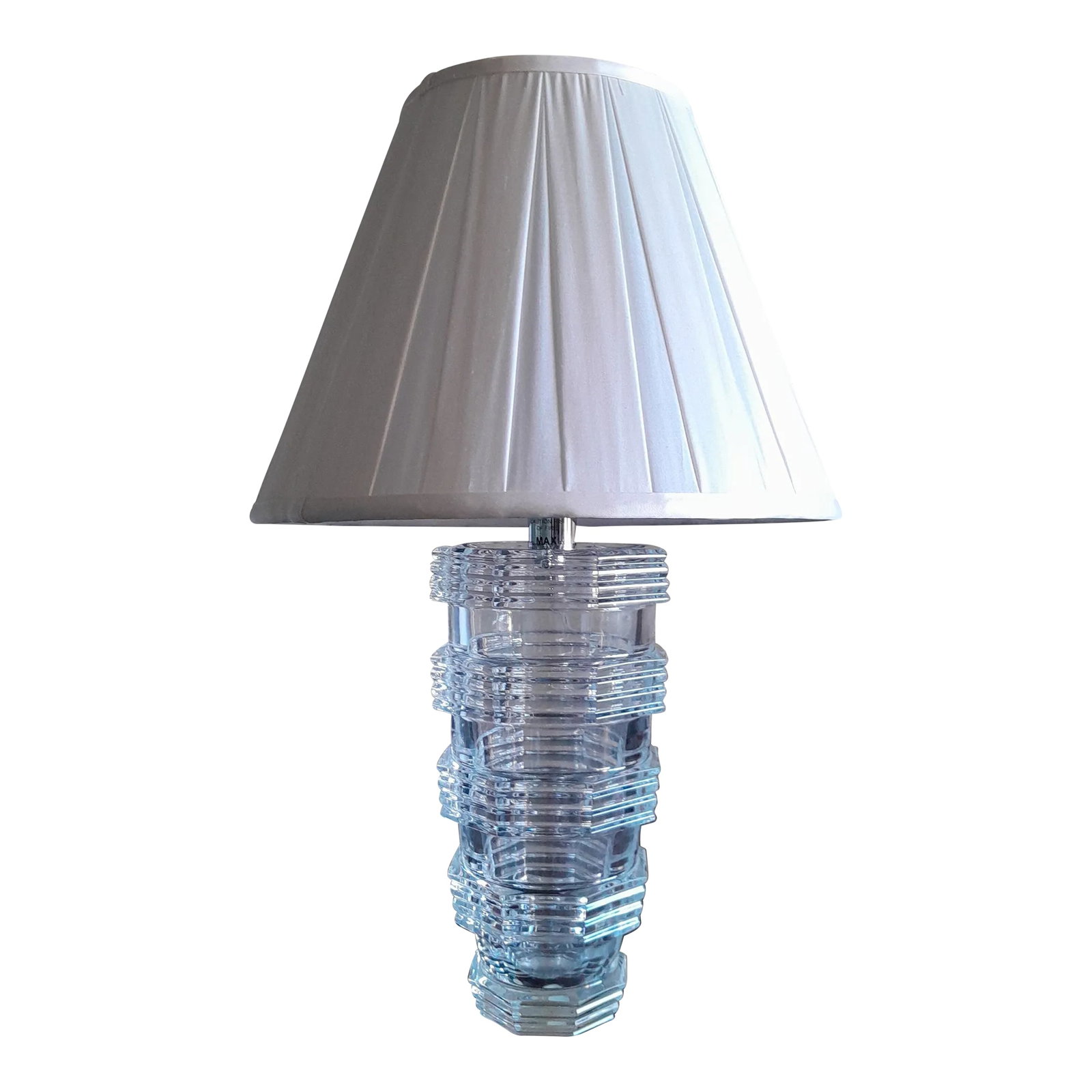 Modern Baccarat Crystal Table Lamp With Silk Space Pleat Empire Shade and Led Socket: From the King of Bling, Baccarat comes this attractive small table lamp with clean modern lines. The lamp is French wired with a clear cord and clear cord switch. The lamp emits a stunning glow for a 