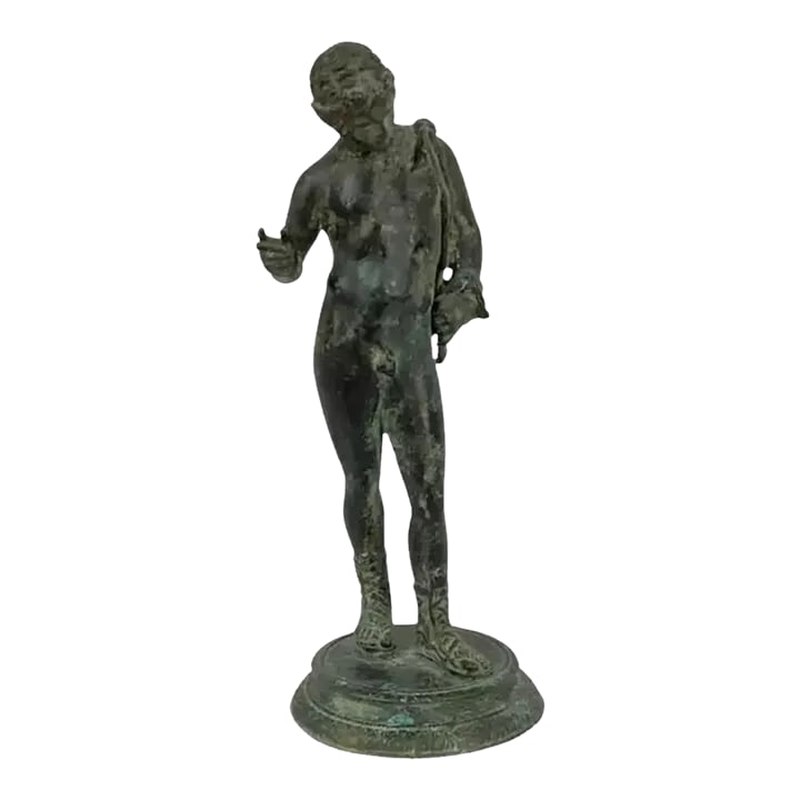 Italian Grand Tour Classical Verdigris Bronze Sculpture of Narcissus: Italian Classical bronze sculpture of Narcissus with a verdigris patina, believed to by Chiurazzi, or a similar foundry, Naples, circa 1900. Narcissus is shown nude except for a pair of sandals, stand