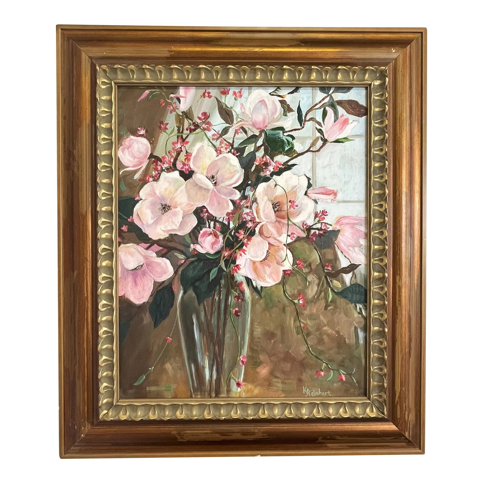 Signed Original Oil Painting by Karen Reinhart (American, 1938-2023) Titled 'Spring Flowers': Lovely signed original oil painting on canvas by American artist Karen Reinhart (1938-2023). Karen was a beloved art teacher, and this was acquired from her Palm Beach Estate in 2024. The piece