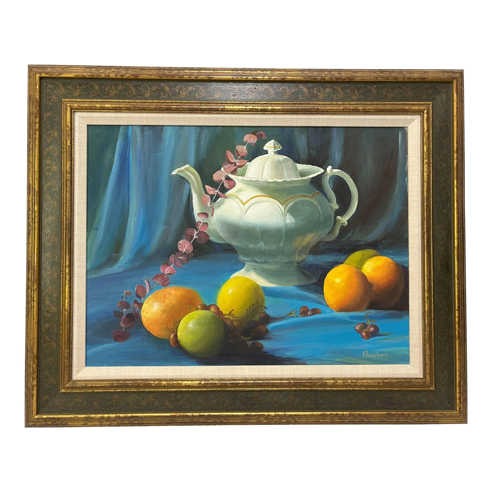 Signed Original Oil Painting by Karen Reinhart (American, 1938-2023) Titled 'Tea Time': Signed original oil painting on canvas by American artist Karen Reinhart (1938-2023). Karen was a beloved art teacher, and this was acquired from her Palm Beach Estate in 2024. The still life depicts