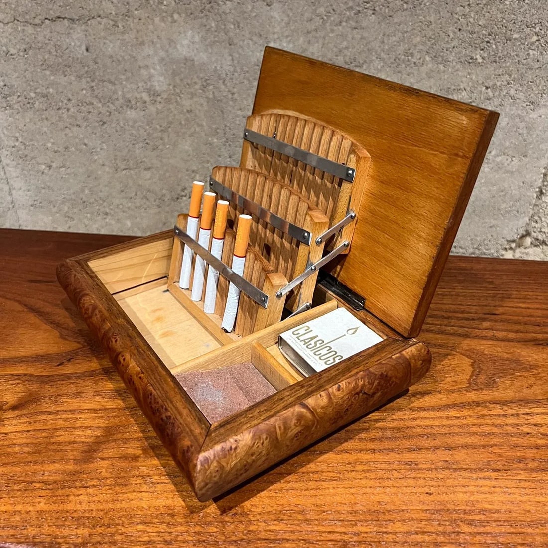 Vintage Cigarette Dispenser Burlwood Box - 11