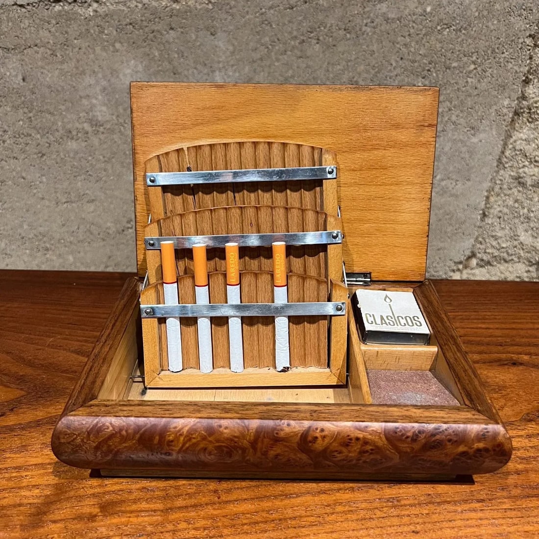 Vintage Cigarette Dispenser Burlwood Box - 9