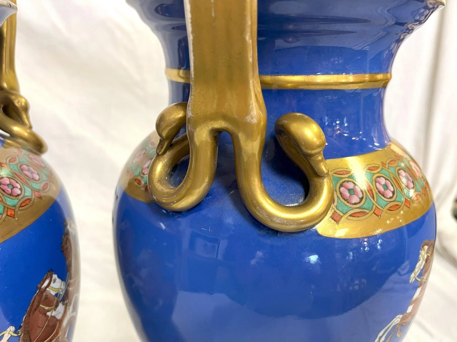 Early 20th Century European Neoclassical Hand Painted Blue Porcelain Urns With Chariot Scenes- a Pai - 10