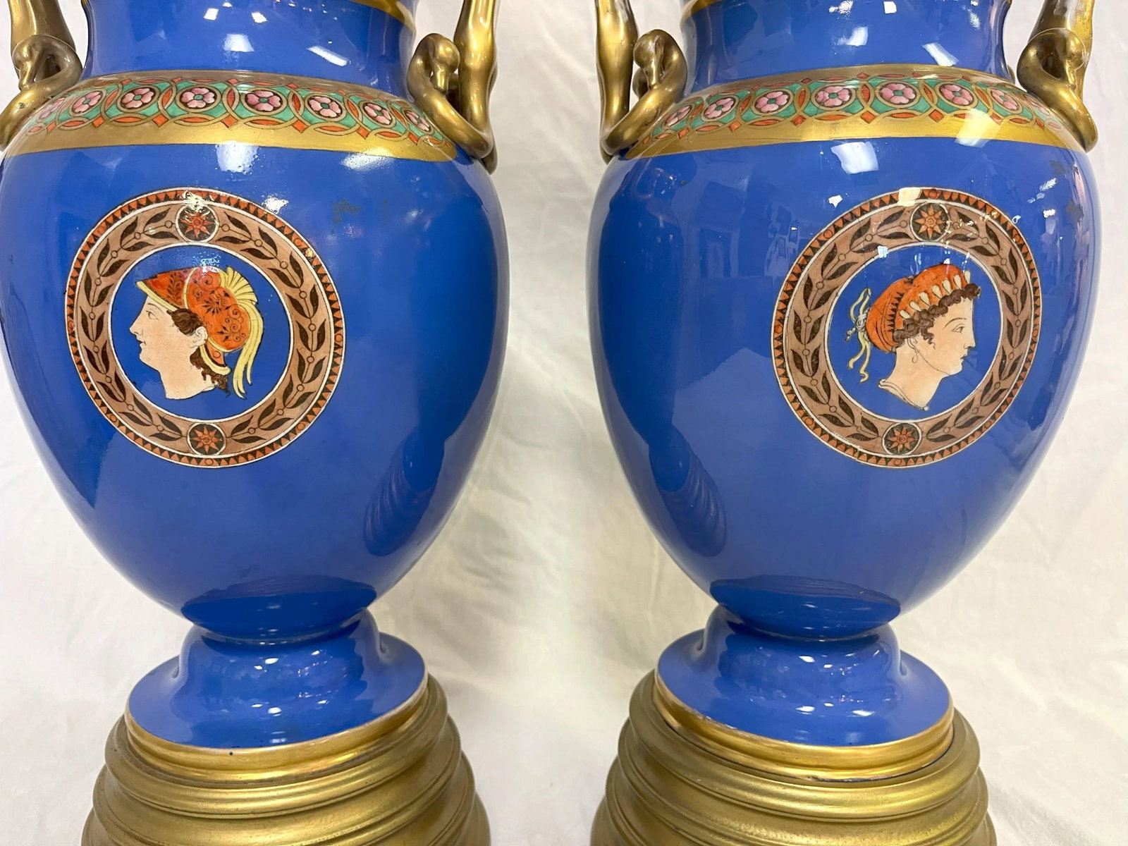 Early 20th Century European Neoclassical Hand Painted Blue Porcelain Urns With Chariot Scenes- a Pai - 11