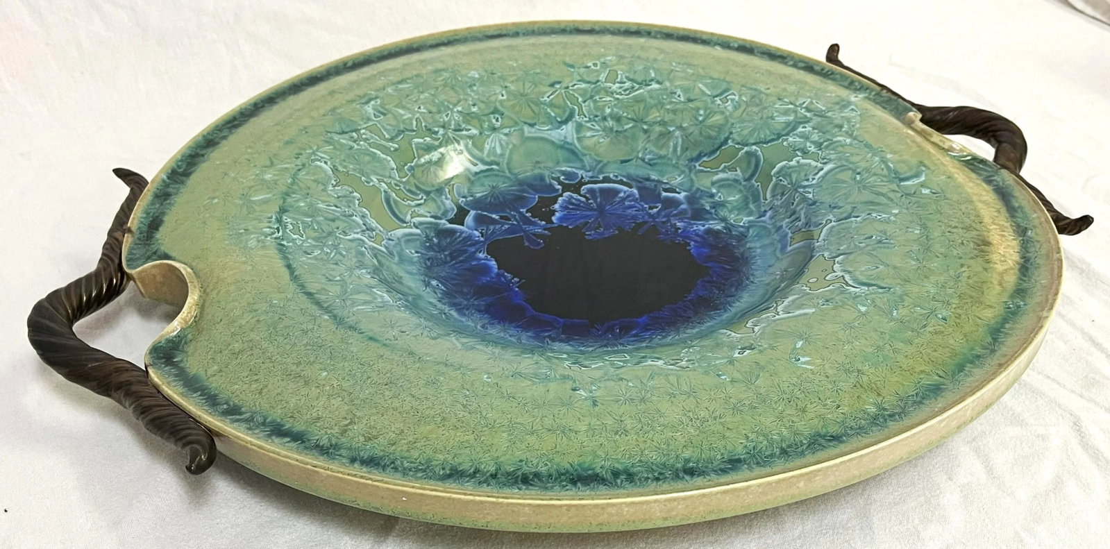 Vintage Large Artisan Pottery Plate With Crystalline and Metallic Bronze Glazes - 2