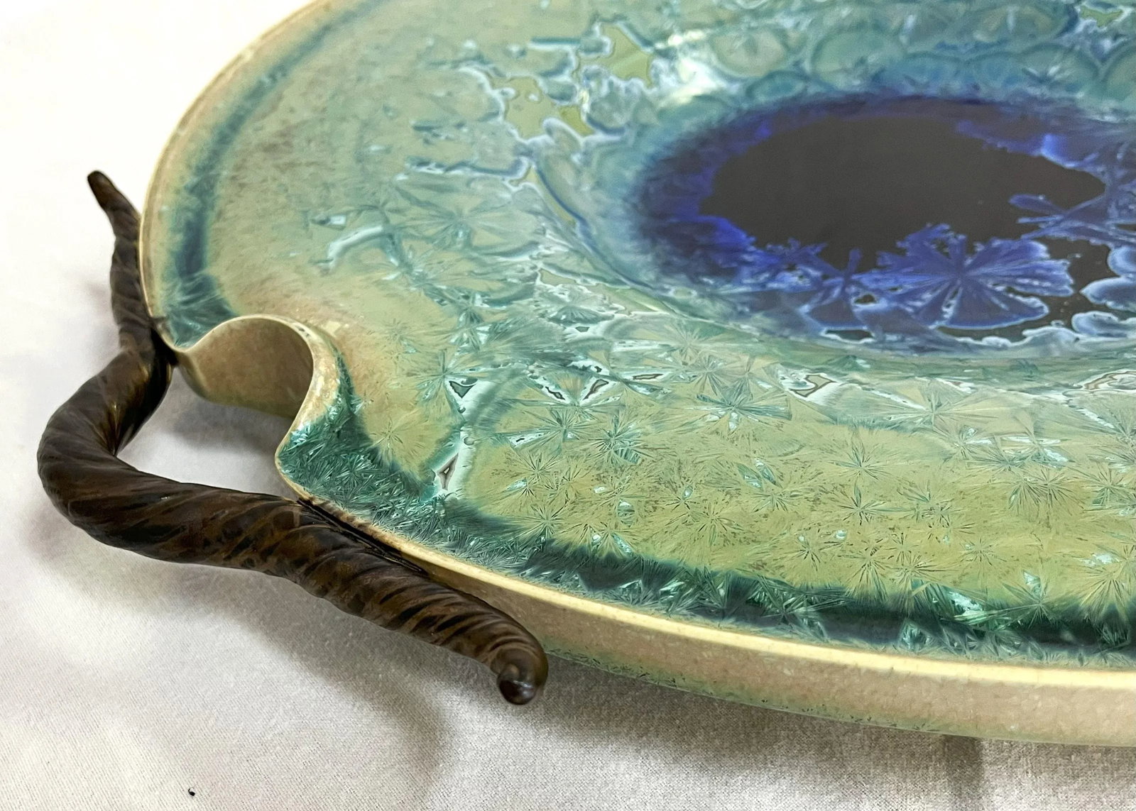 Vintage Large Artisan Pottery Plate With Crystalline and Metallic Bronze Glazes - 3