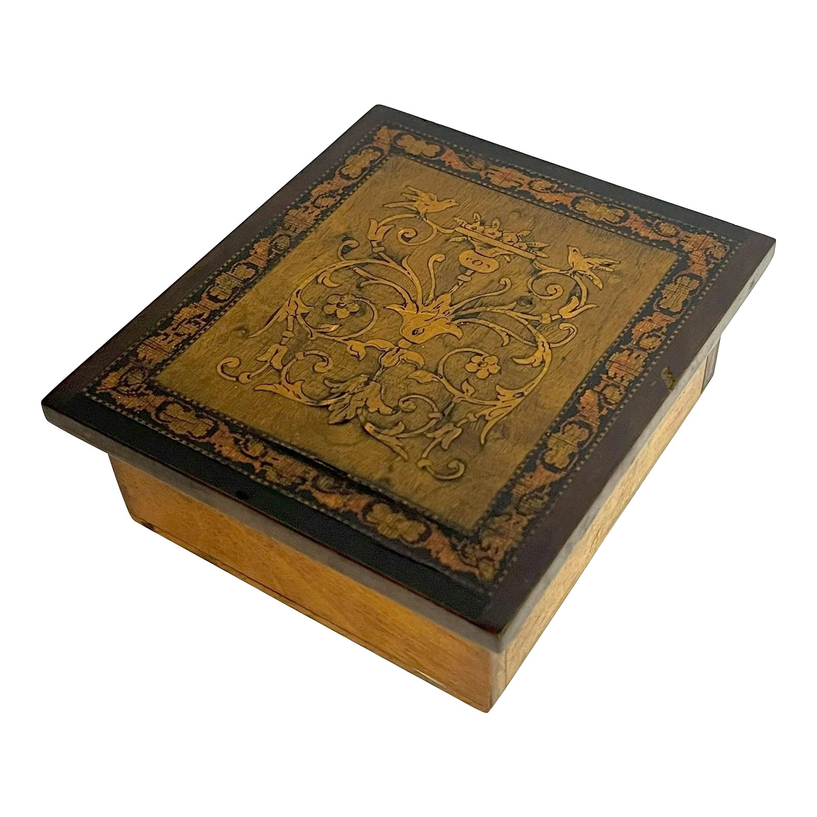 Antique French Louis XVI Style Hinged Wooden Trinket Box: Lovely antique wooden hinged box from the early 20th century. The piece is hand made of various hardwoods with a Louis XVI style marquetry design in the center. The design appears to be trimmed in a