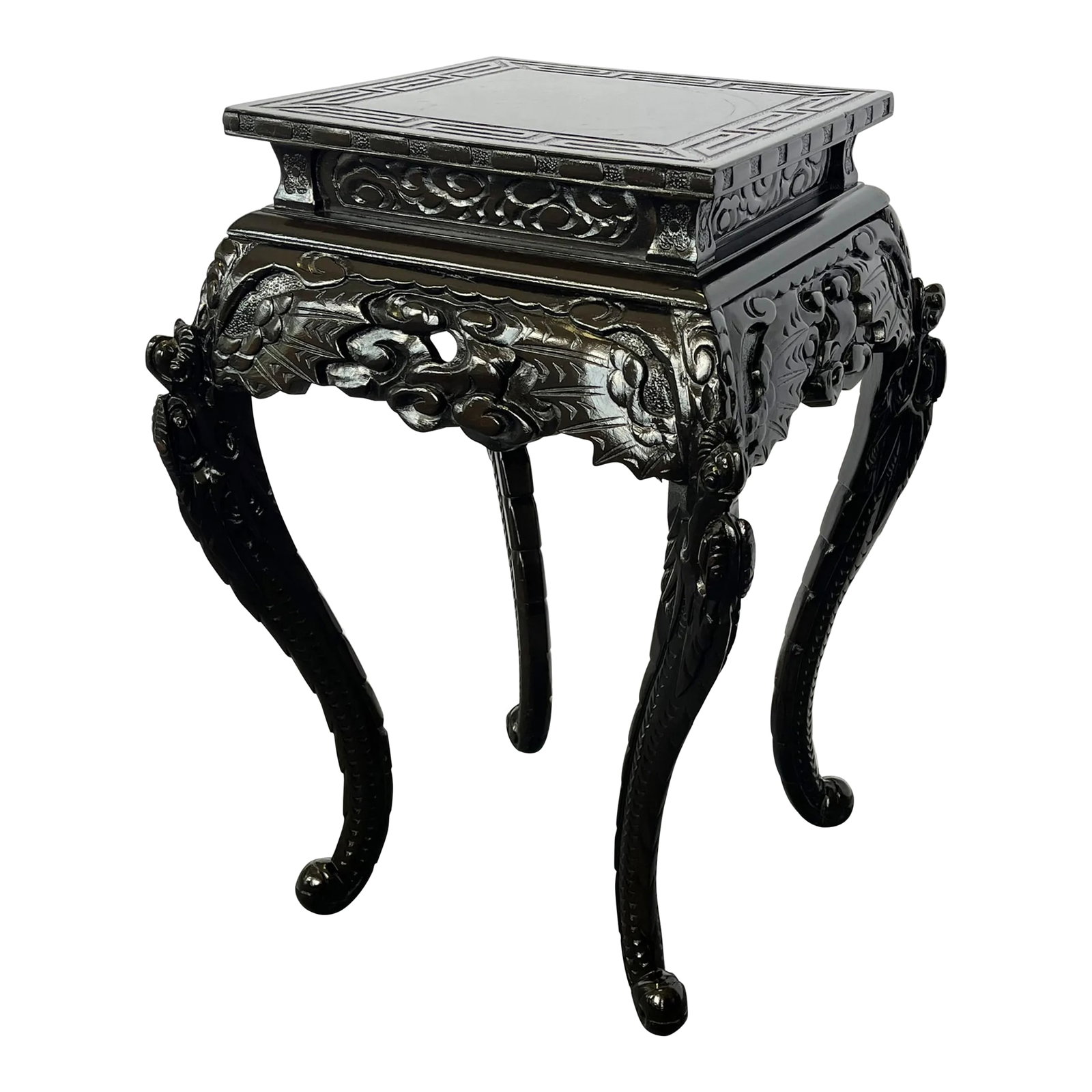 Antique Asian Carved Rosewood Jardiniere/ Plant Stand: Beautiful and functional antique Asian jardiniere stand from the turn of the century. It's made of a hard rosewood and finished in a rich dark brown almost black color. It has an intricately carved ap