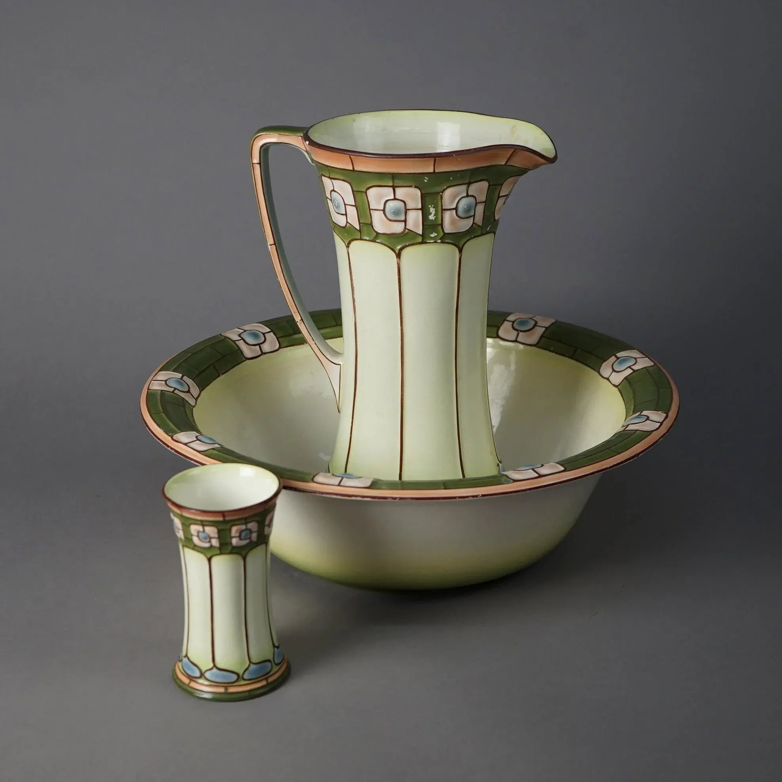 Antique Arts & Crafts Mission Porcelain Stylized Ecla Bowl & Pitcher Set, Circa 1910 - Set of 3 - 5