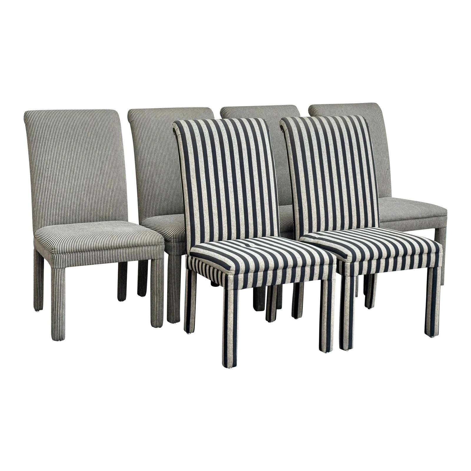 1980s Postmodern Upholstered Striped Dining Chairs - Set of 6: 1980s postmodern striped upholstered chairs. Featuring great upholstery, with minor stains. Overall good vintage condition. Condition: Alterations: Original Condition Unaltered Imperfections: Some