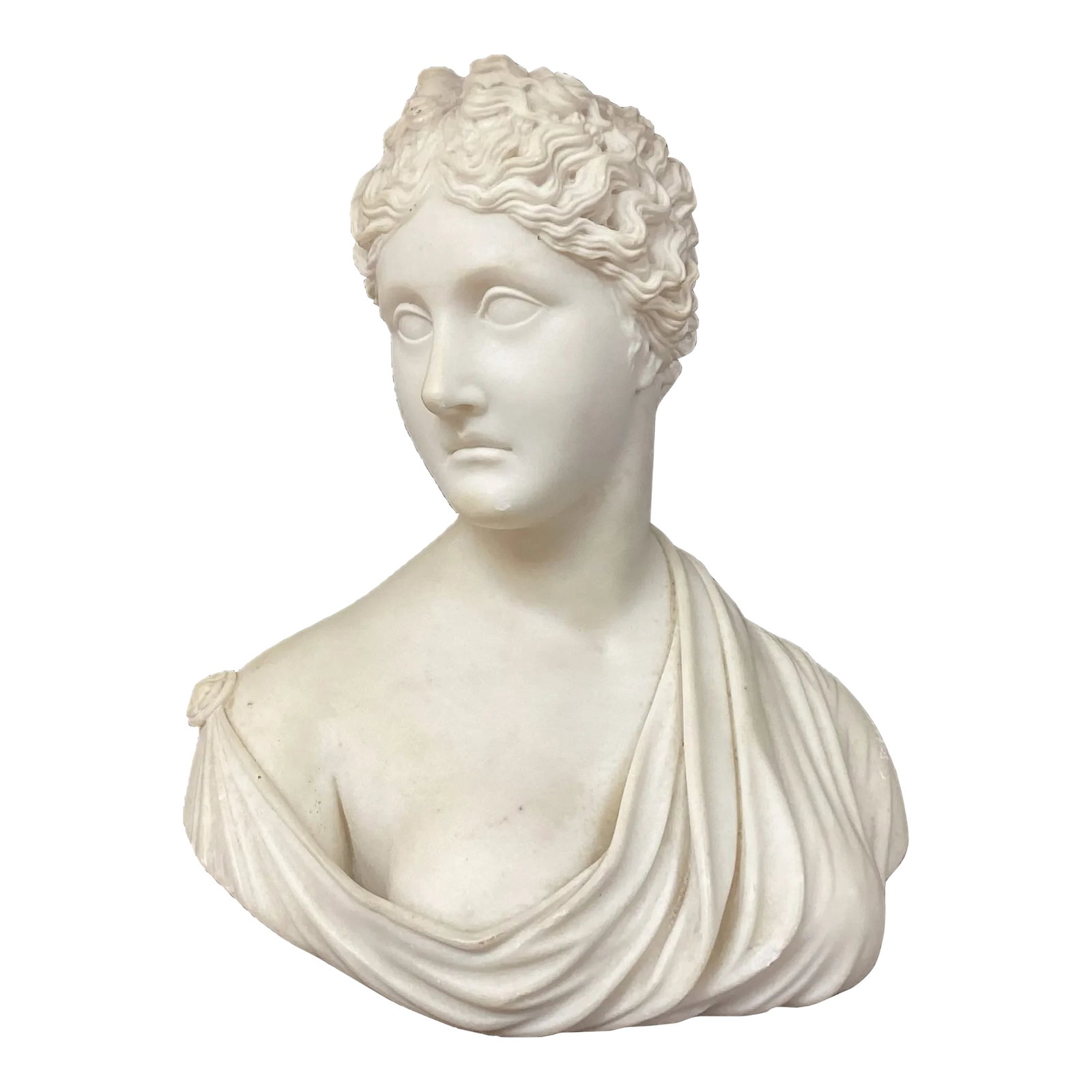 Italian Grand Tour Carved Marble Bust of Woman: Classical 19th century hand-carved Italian Neoclassic Grand Tour marble female bust. Bust features intricately carved young woman's head and neck, wearing delicate drapery across décolleté. 