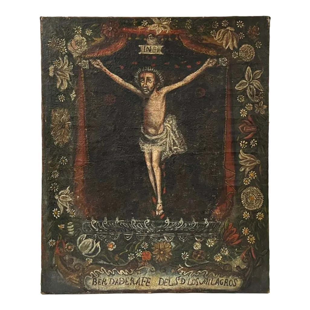 18th Century Spanish Colonial Painting: 18th Century Spanish Colonial Painting of Christ on the Cross with a floral border. Painting inscribed at bottom BER DADERAFE DELSD LOS MILAGROS(translates to "True Faith of the Lord of Miracles").