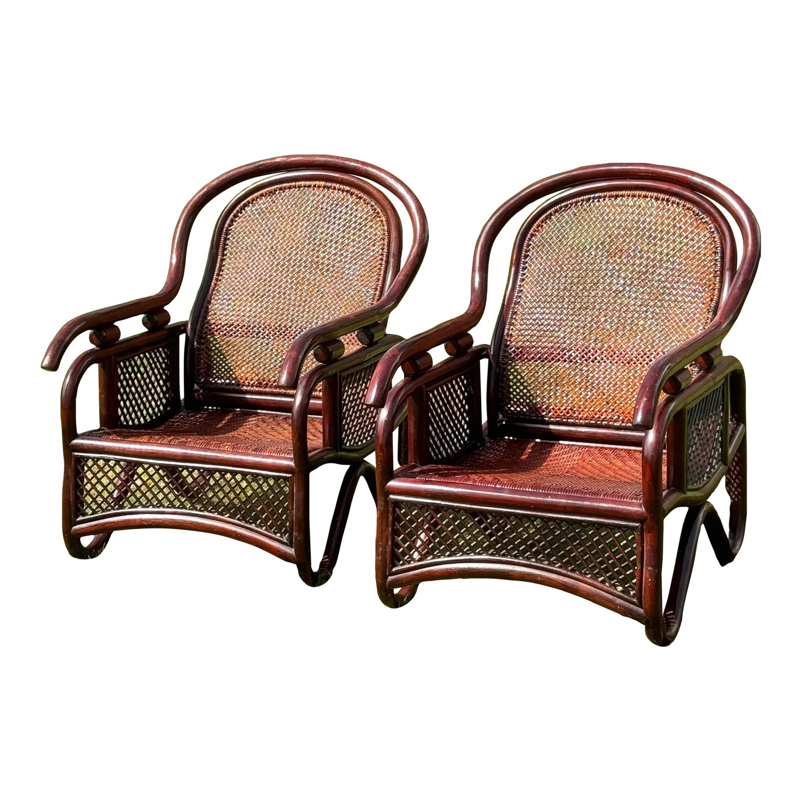 1970s Vintage Patio Bamboo Armchairs - a Pair: A pair of unique sculptural bamboo armchairs, with cane seats and backs. Work great with or without cushions. Perfect for interior or patio. Condition: Alterations: Original Condition Unaltered