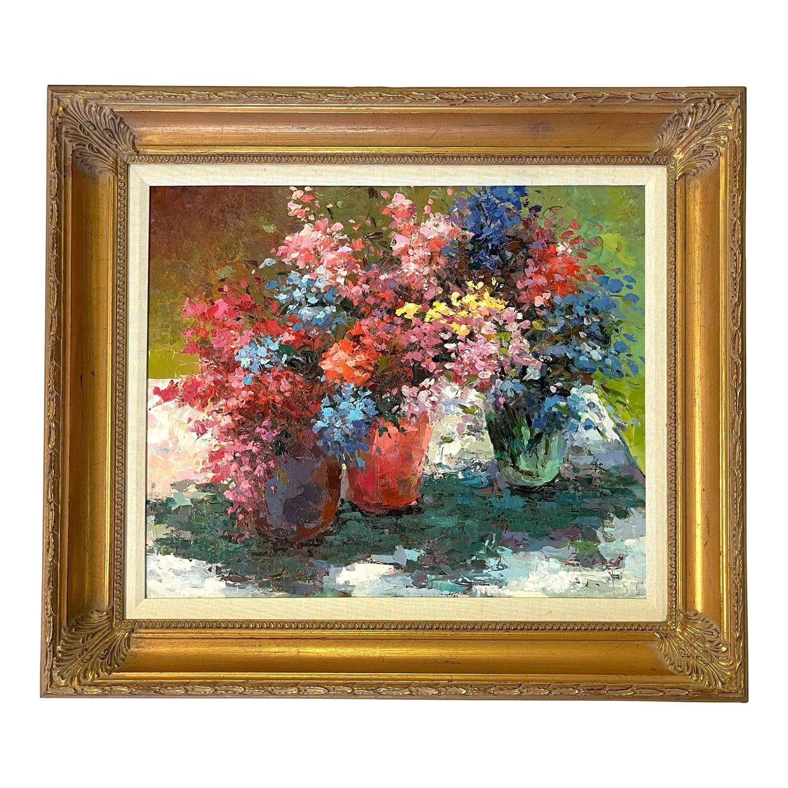 Original Signed and Framed Impressionist Flowers Oil Painting on Canvas: Stunning signed and framed oil painting on canvas. This impressionist style artwork depicts brightly colored flowers cascading from vases on a tabletop. It is signed illegibly in the bottom right