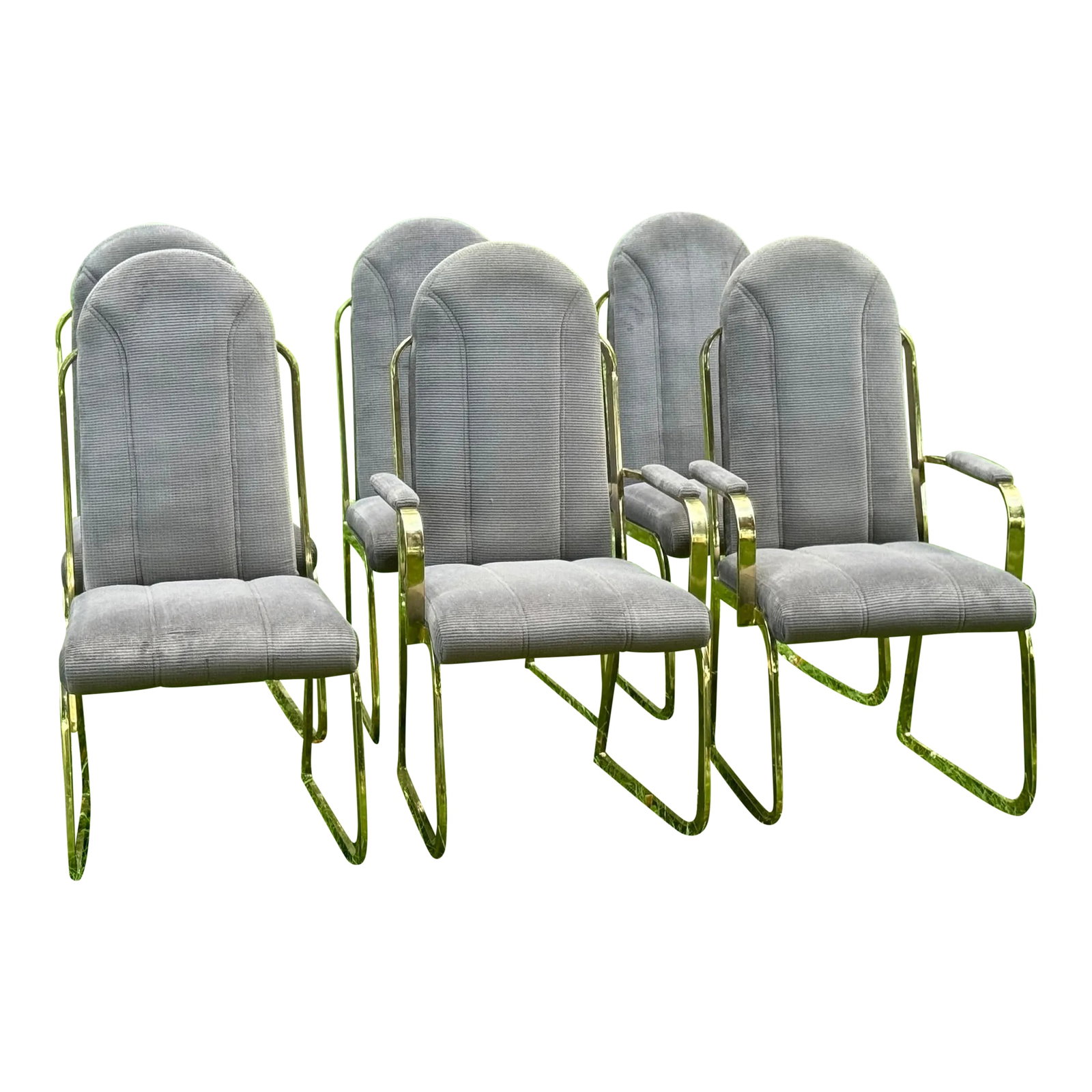 Postmodern Vintage Hollywood Regency Brass Upholstered Dining Chairs- Set of 6: 1980s postmodern upholstered cantilever chairs with brass colored finish, set of 6. Featuring great upholstery, with minimal wear. Condition: Alterations: Original Condition Unaltered Imperfections: