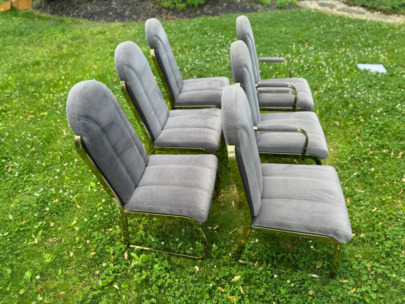 Postmodern Vintage Hollywood Regency Brass Upholstered Dining Chairs- Set of 6 - 2