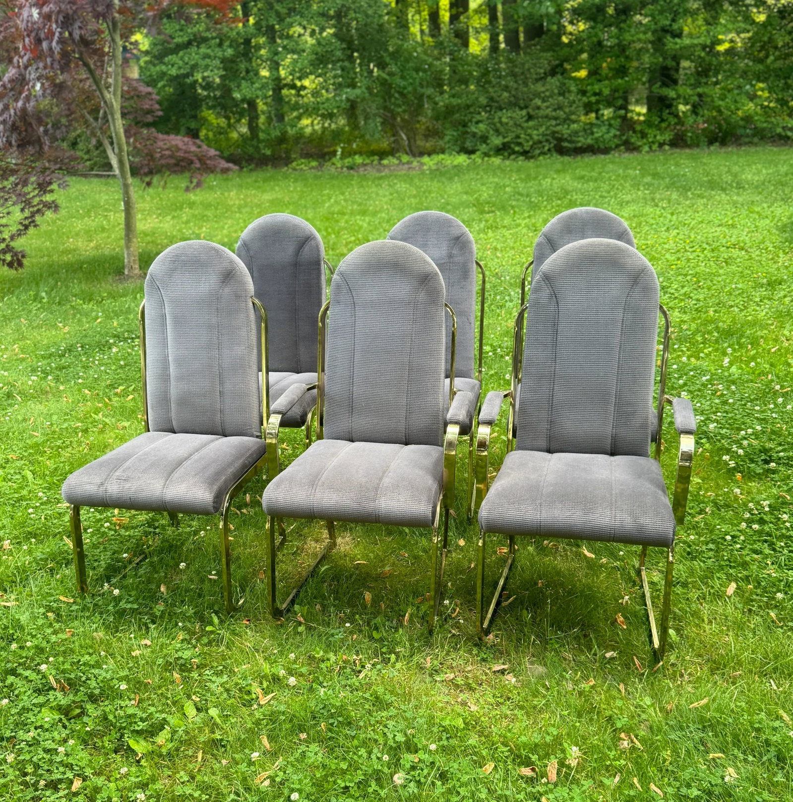 Postmodern Vintage Hollywood Regency Brass Upholstered Dining Chairs- Set of 6 - 5