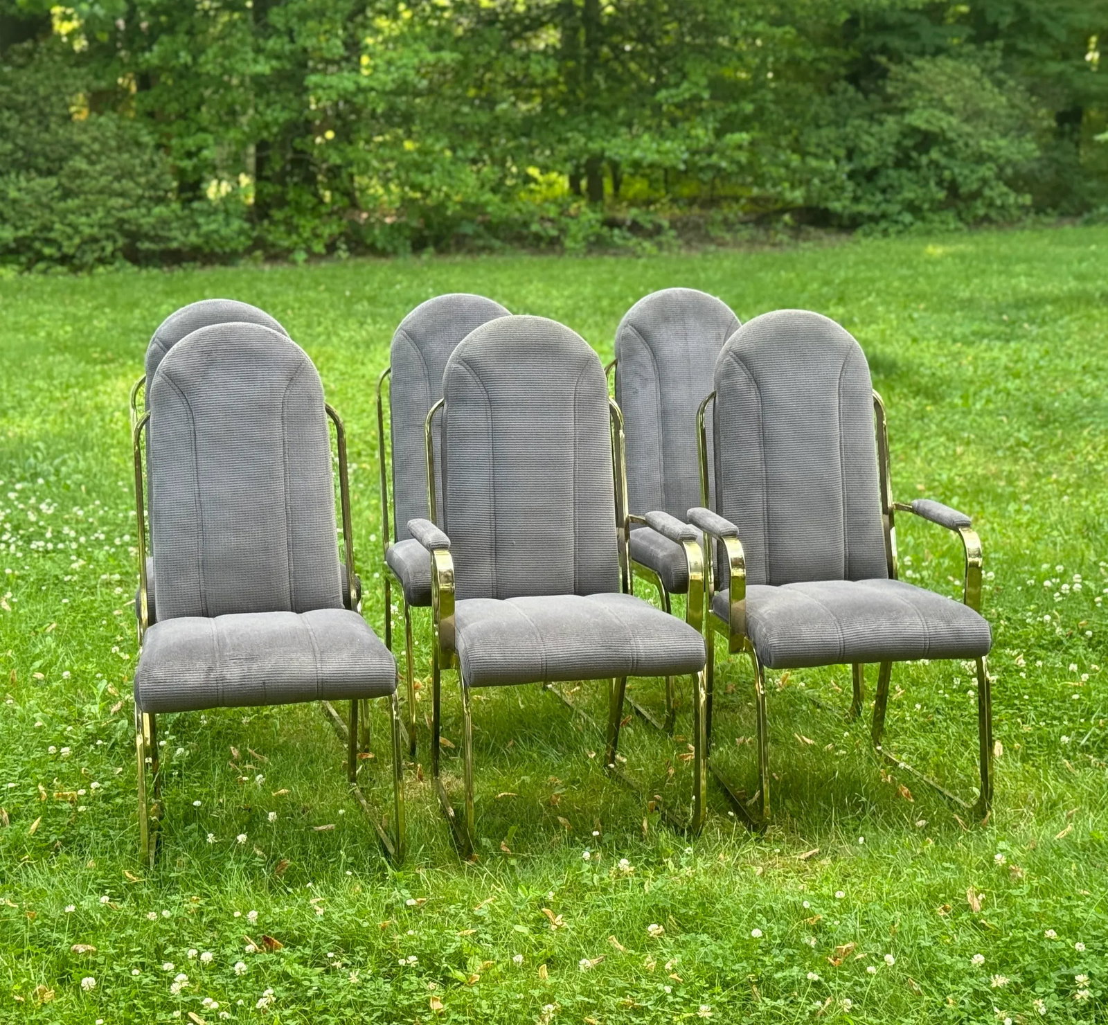 Postmodern Vintage Hollywood Regency Brass Upholstered Dining Chairs- Set of 6 - 6