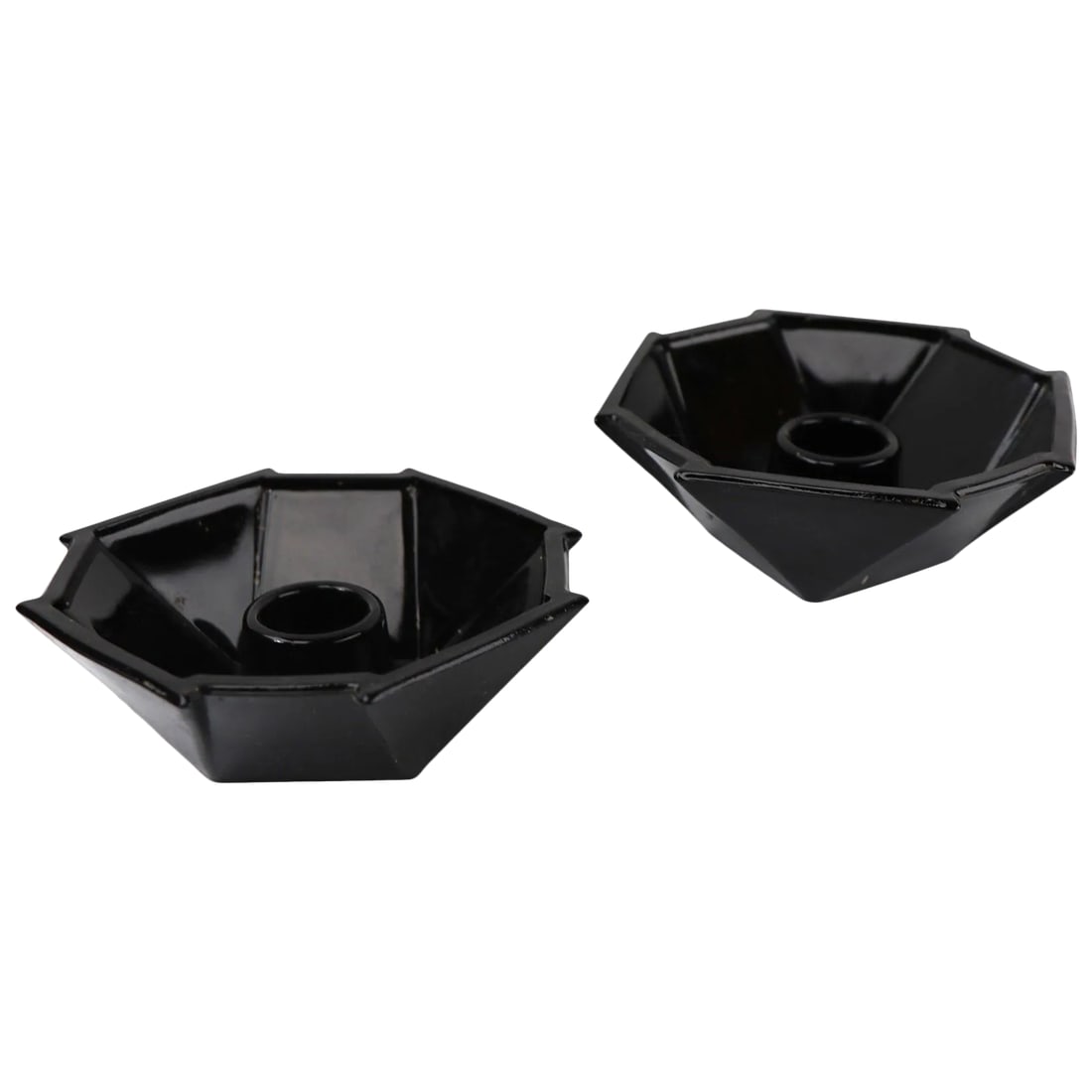Vintage Black Sakier for Fostoria Art Deco Geometric Candlesticks - a Pair: Pair of ebony glass octagonal geometric candlesticks, designed by George Sakier. For the Fostoria Glass Company. Both are free of damage, clean and ready to use. Art Deco, Machine Age style, classic