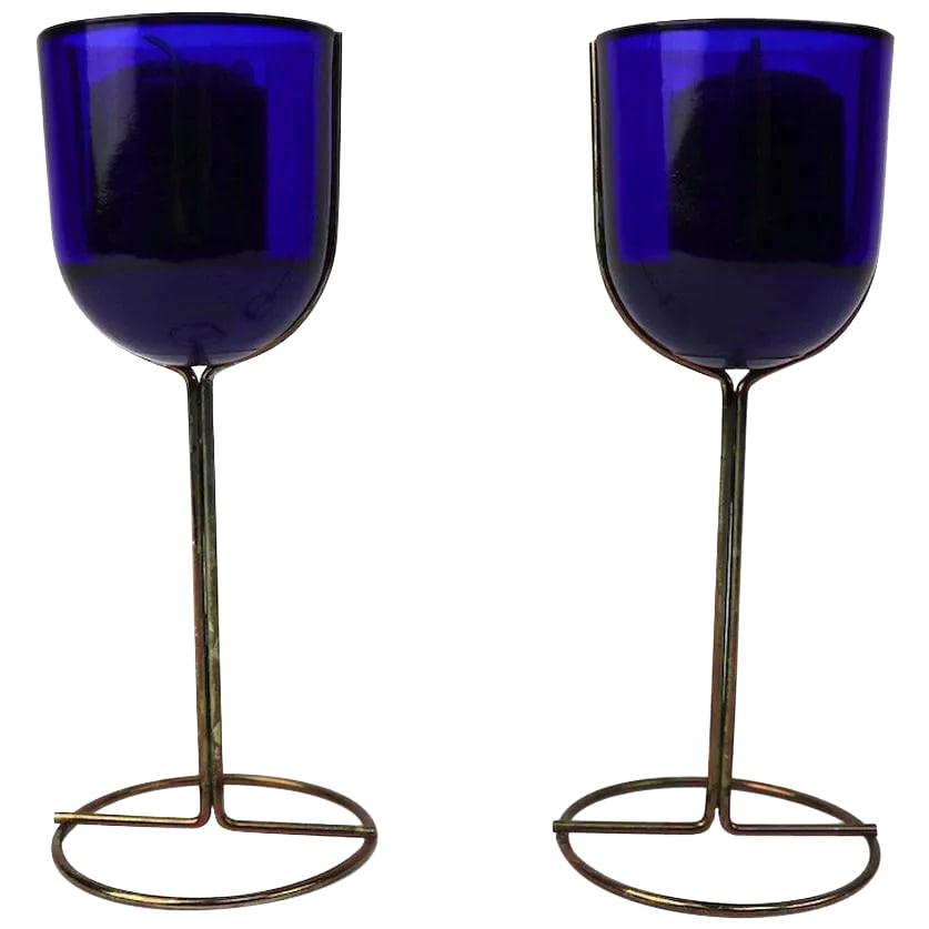 Vintage Cobalt Wine Goblet Candlesticks by Iittala - a Pair: Interesting architectural design candlesticks by Iittala, Made in Finland, possibly designed by Kaj Franck. Cobalt glass cup inserts fit in metal stands, each retains original Iittala decal label. 3