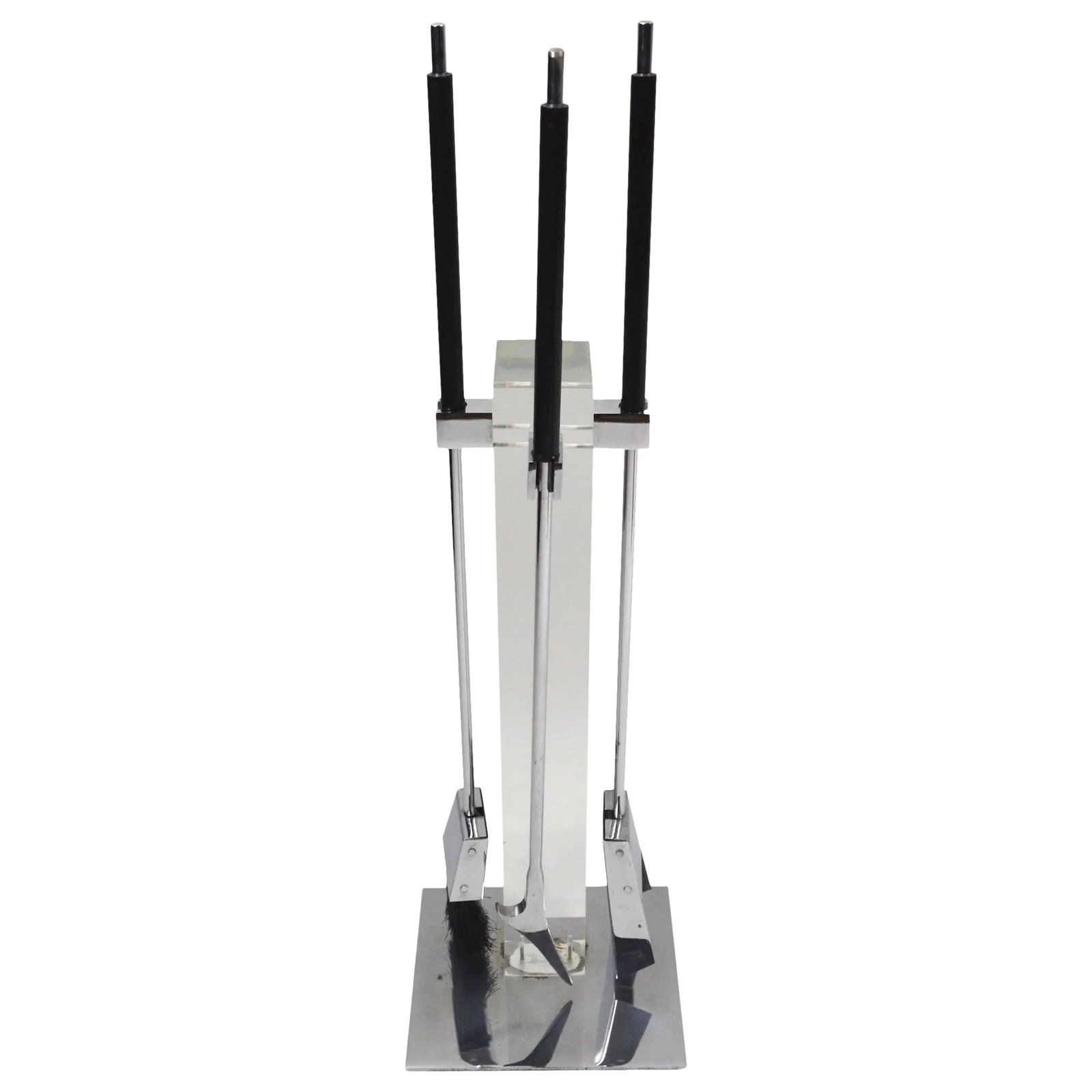 Lucite Fireplace Tool Set by Albrizzi: Lucite and chrome stand with chrome and black tools. Chic stylish fireplace tool set by Alessandro Abruzzi. This example is in overall excellent original condition, showing some cosmetic wear at the