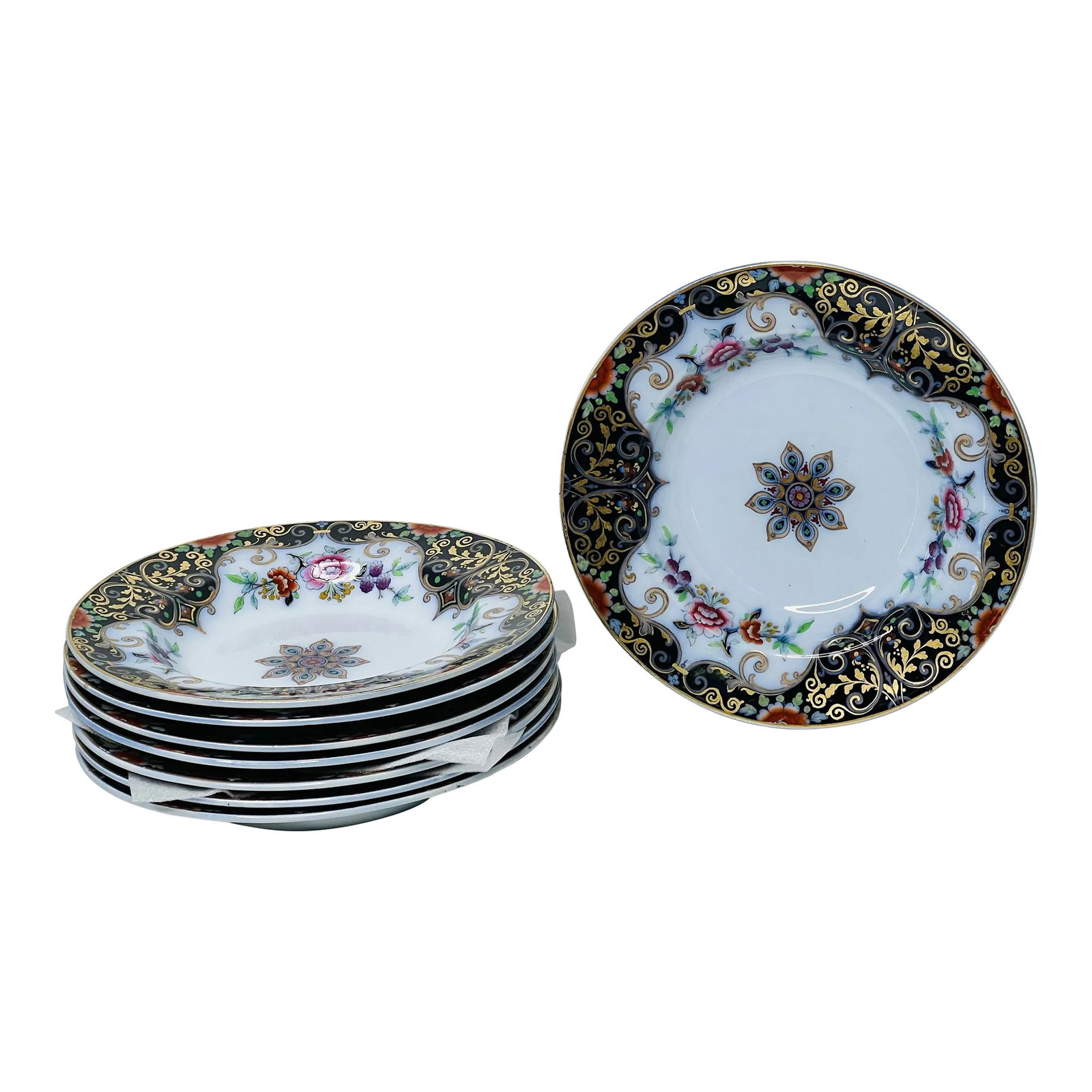 C.1845 to 1850. Minton Flow Blue Imari Polychrome Soup Bowls Set of 8: Early Minton with all the bells and whistles. Flow Blue, Polychrome, Imari, and gold decorate all these 8, soup bowls.. These are outstanding with very early Minton maker marks. Bowls measure an