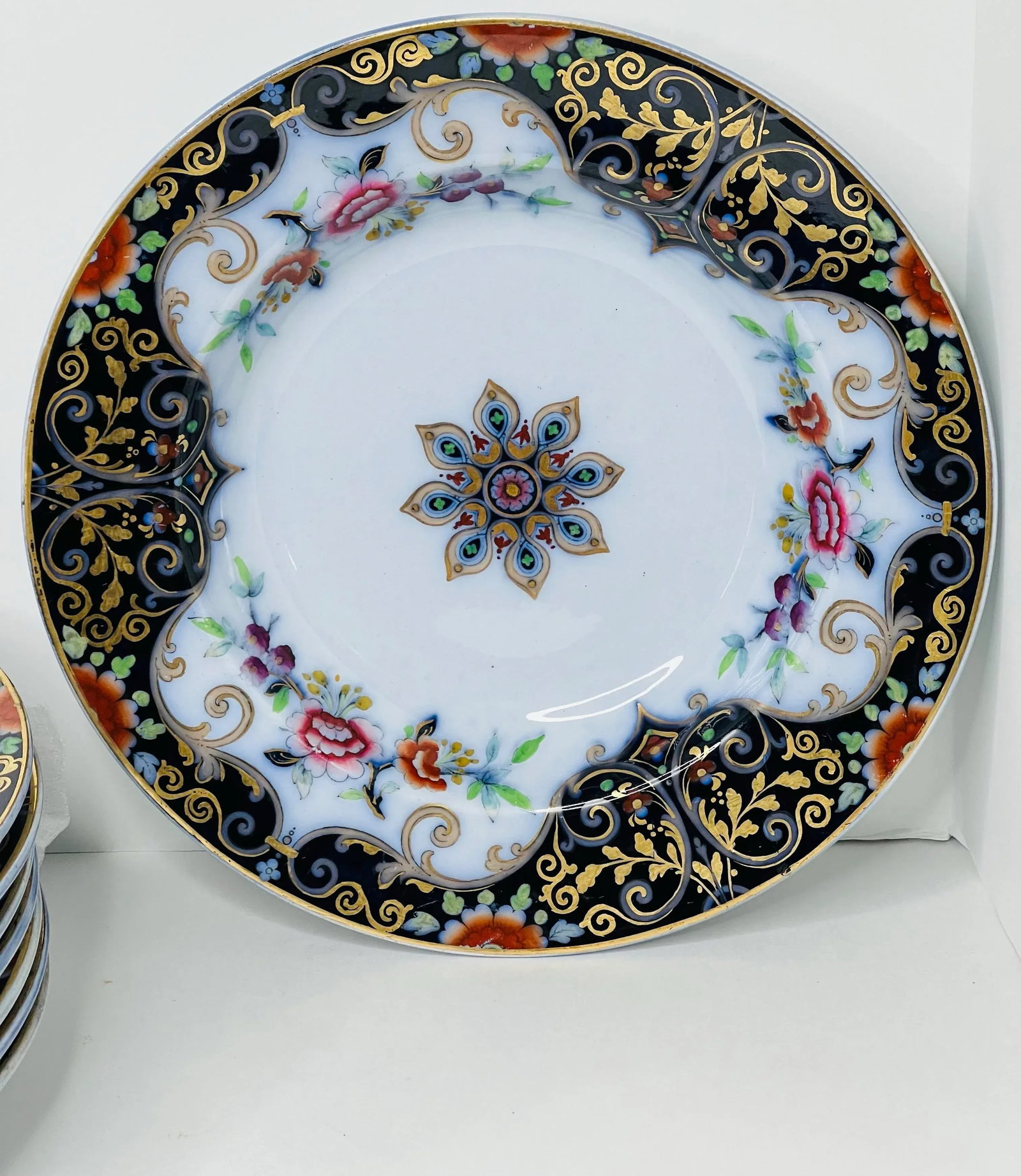 C.1845 to 1850. Minton Flow Blue Imari Polychrome Soup Bowls Set of 8 - 3