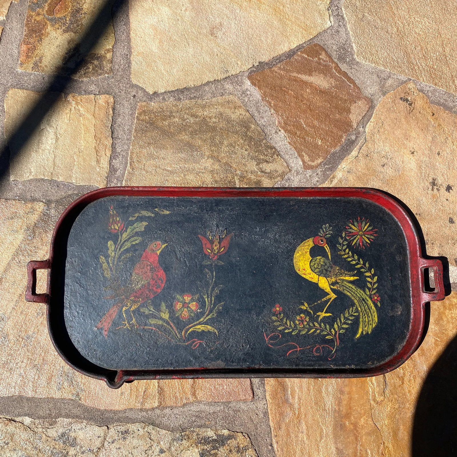 1950s Vintage Folk Painted Cast Iron Serving Tray - 2