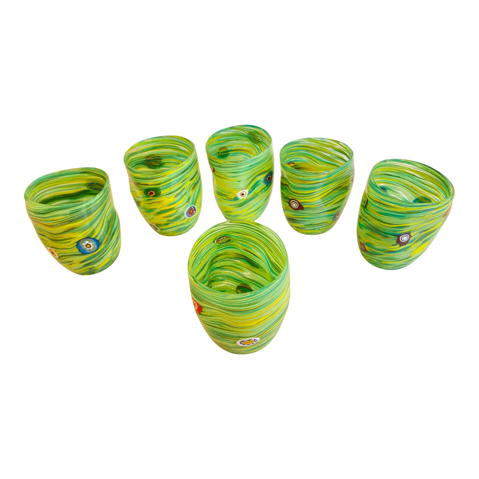Green Rods and Murrine Glasses Attributed to Murano- Set of 6: Contemporay shenographic set of glasses. Each one is different from another one. All made in Murano glass. Full of colors, fruit of hight italian craftmanship exclusive lively design by Simoeng H 10