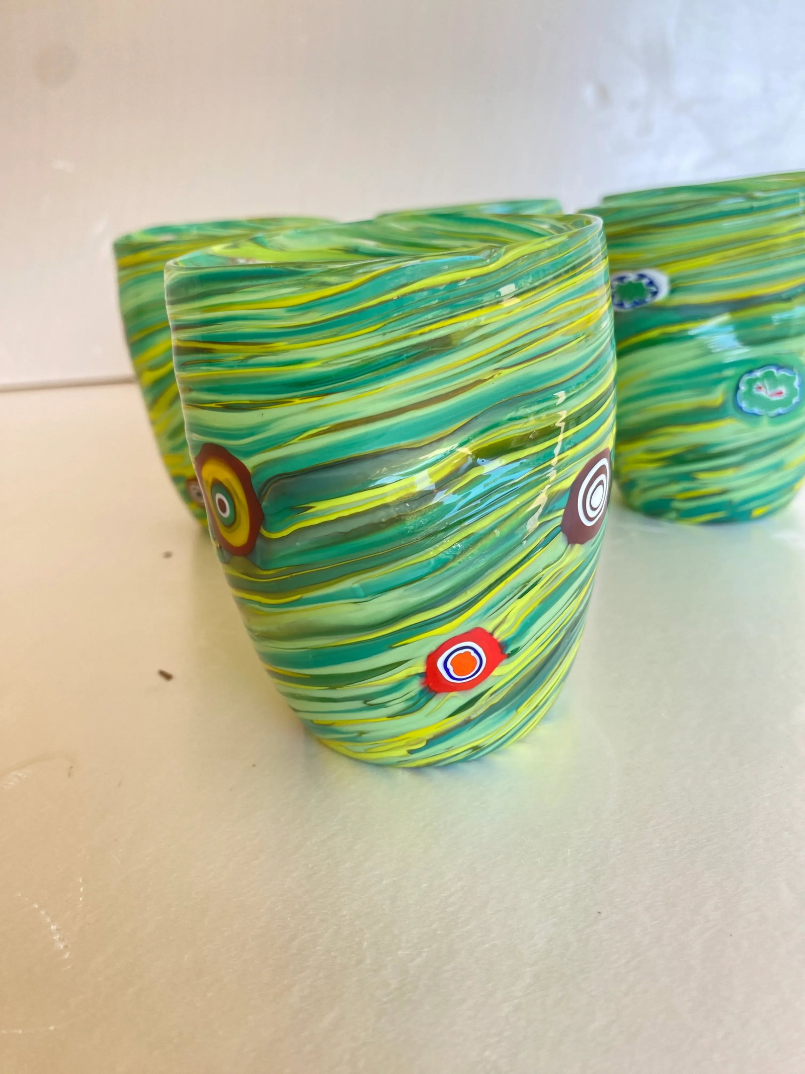 Green Rods and Murrine Glasses Attributed to Murano- Set of 6 - 8