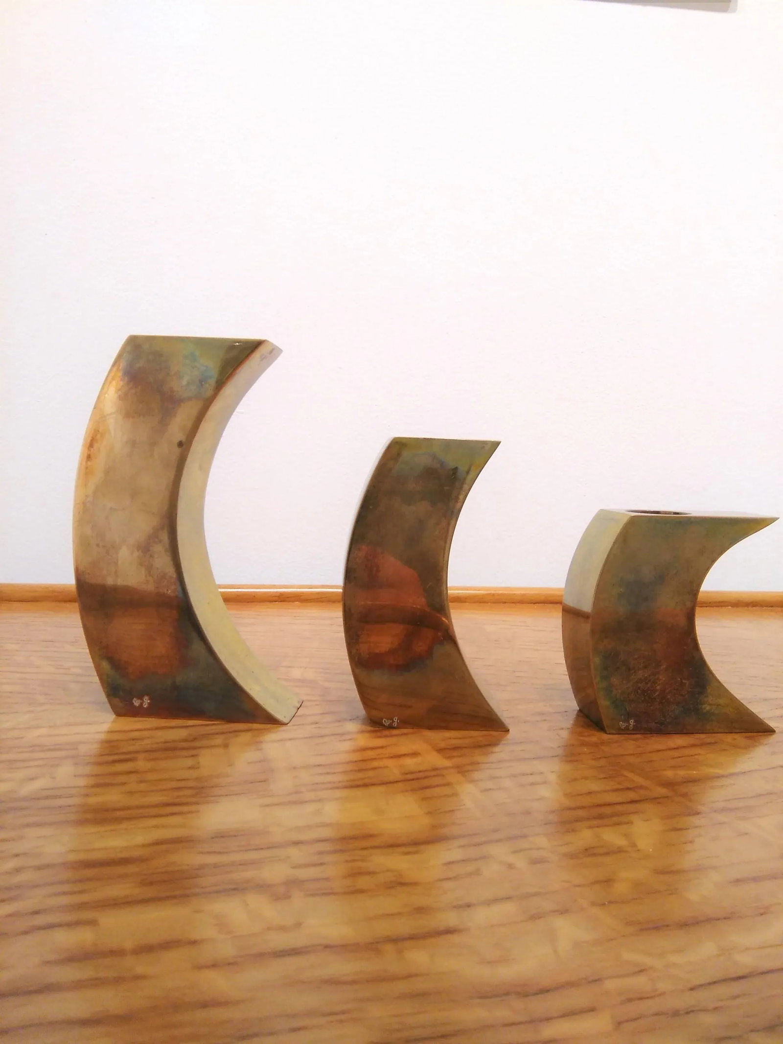 Signed Suite of Three Solid Patinated Bronze Candle Holders, France, 1970s - 3