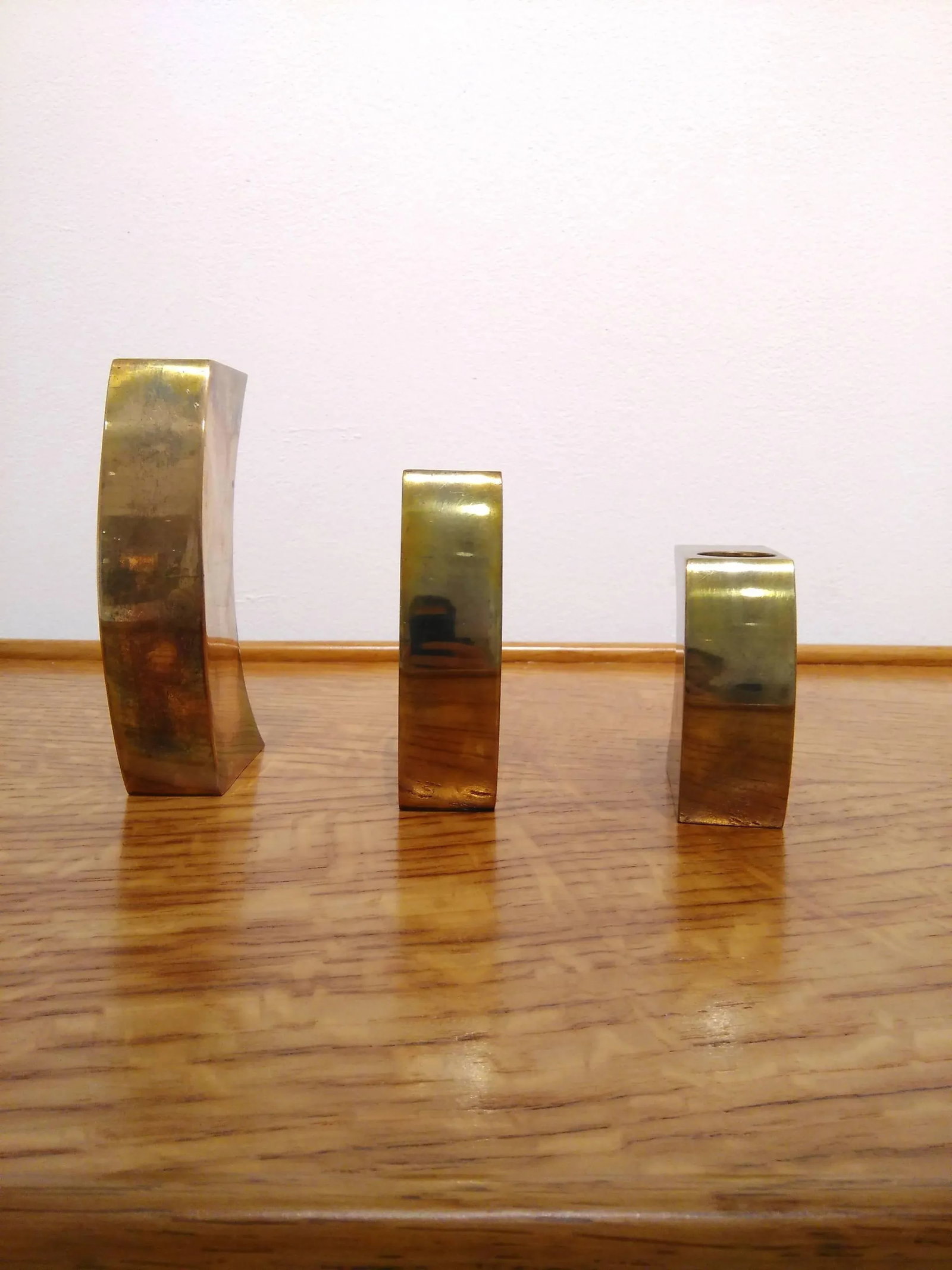 Signed Suite of Three Solid Patinated Bronze Candle Holders, France, 1970s - 4