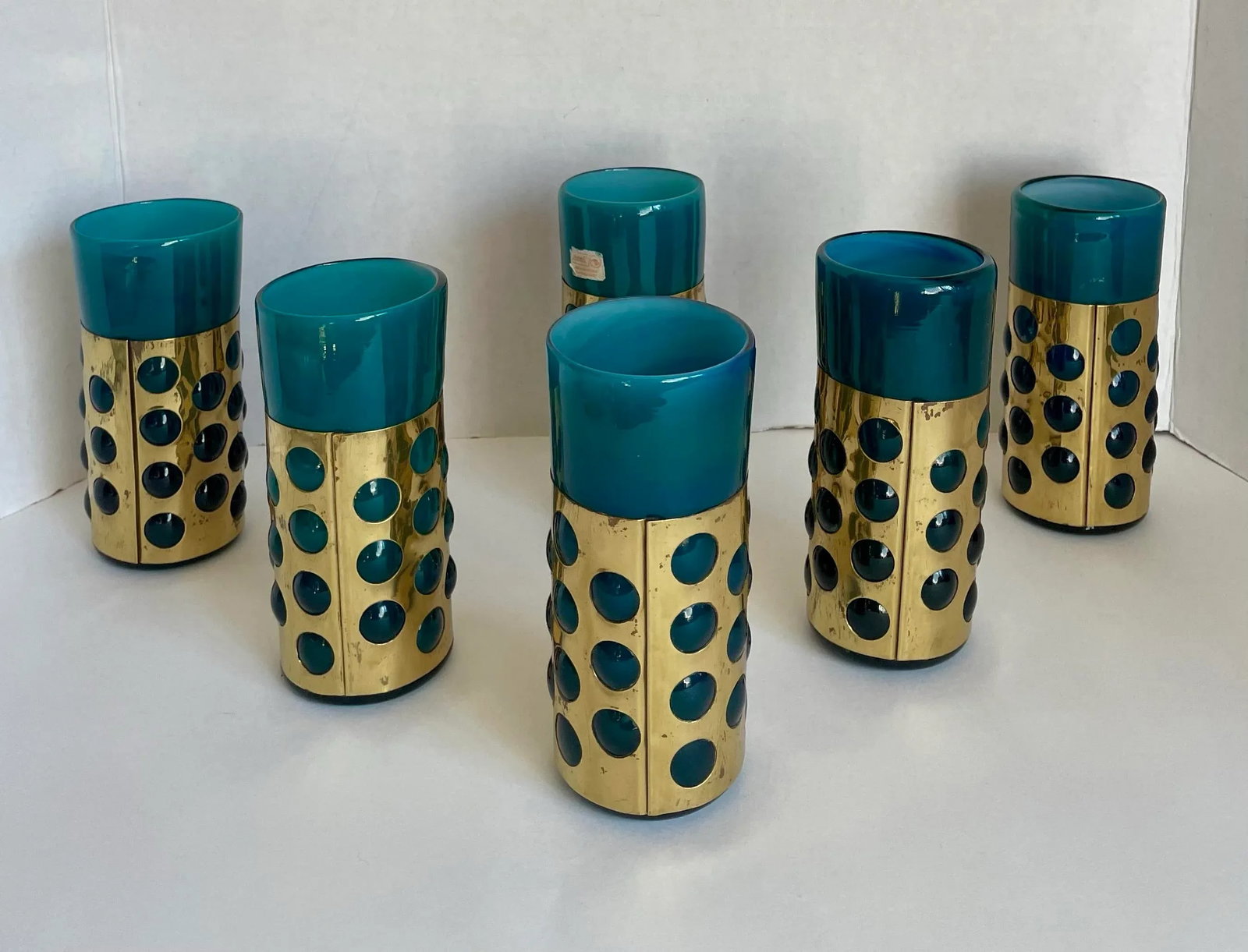 Mid 20th Century Mexican Hand-Blown Caged Blue Art Glass and Brass Glasses Made by Jomeli - Set of 6 - 10