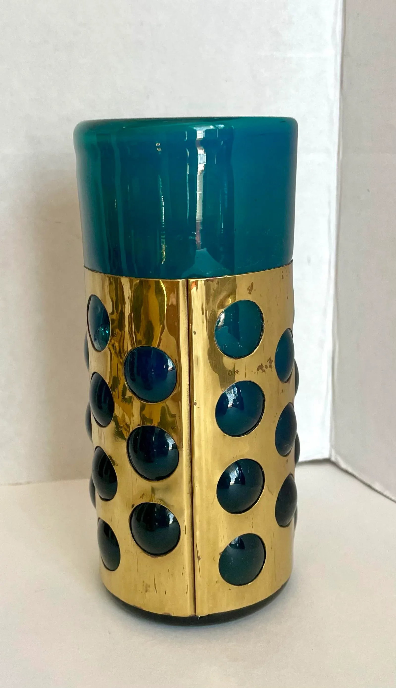 Mid 20th Century Mexican Hand-Blown Caged Blue Art Glass and Brass Glasses Made by Jomeli - Set of 6 - 11