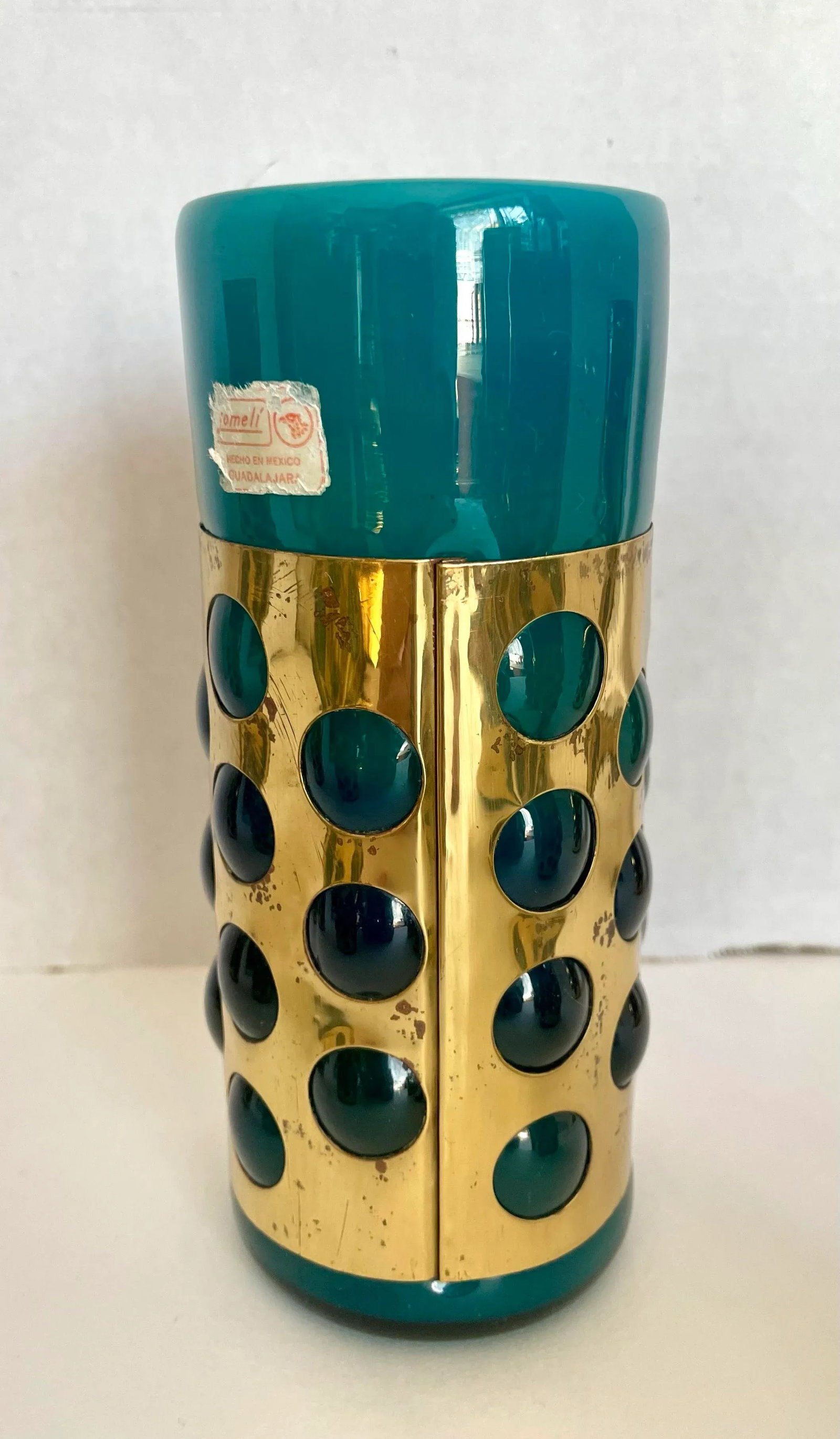 Mid 20th Century Mexican Hand-Blown Caged Blue Art Glass and Brass Glasses Made by Jomeli - Set of 6 - 12