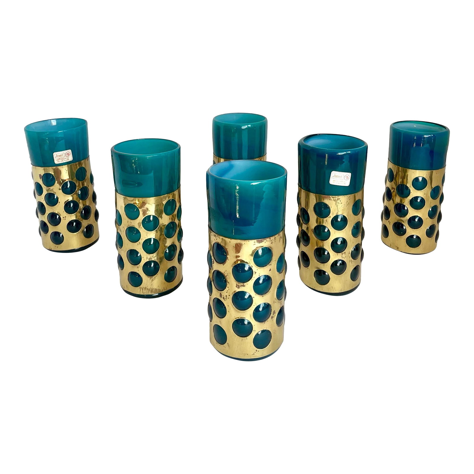 Mid 20th Century Mexican Hand-Blown Caged Blue Art Glass and Brass Glasses Made by Jomeli - Set of 6: Here is an incredible set of SIX caged glass, tumbler glasses made by Jomeli in Mexico in the mid-century. The design is inspired by their contemporary, Felipe Delfinger. These glasses have a