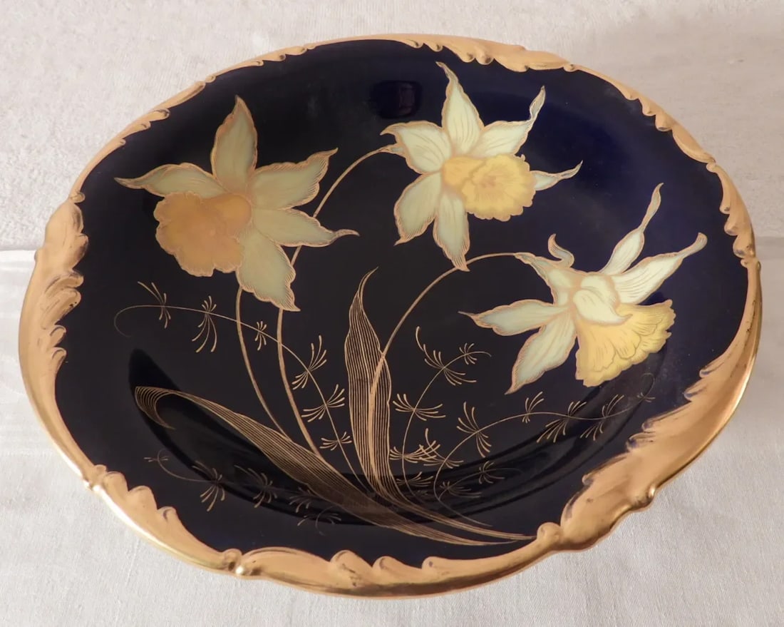Johann Haviland Bavaria Cobalt Blue Daffodils Center Pedestal Bowl Serving Dish, 1907-1924 - 3
