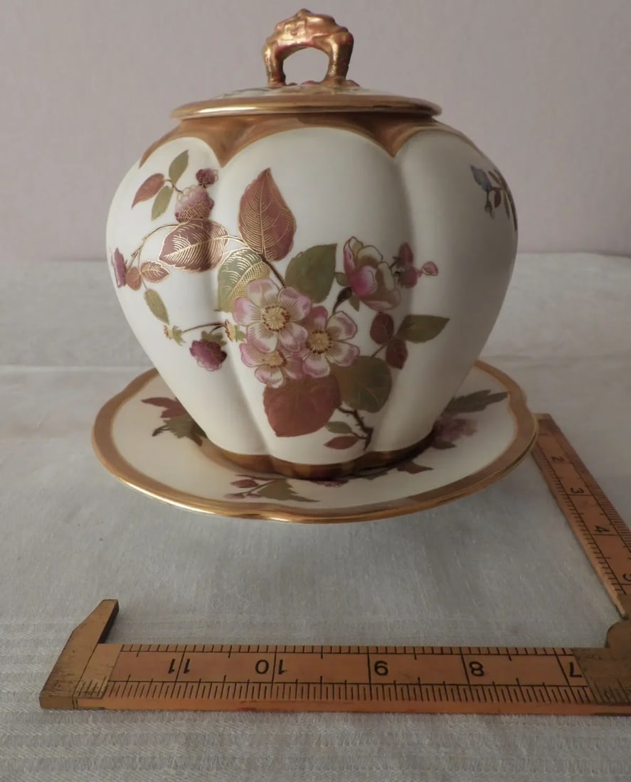 Antique Royal Worcester England Chinoiserie Floral Bisque Biscuit Jar Underplate 1888 - 2