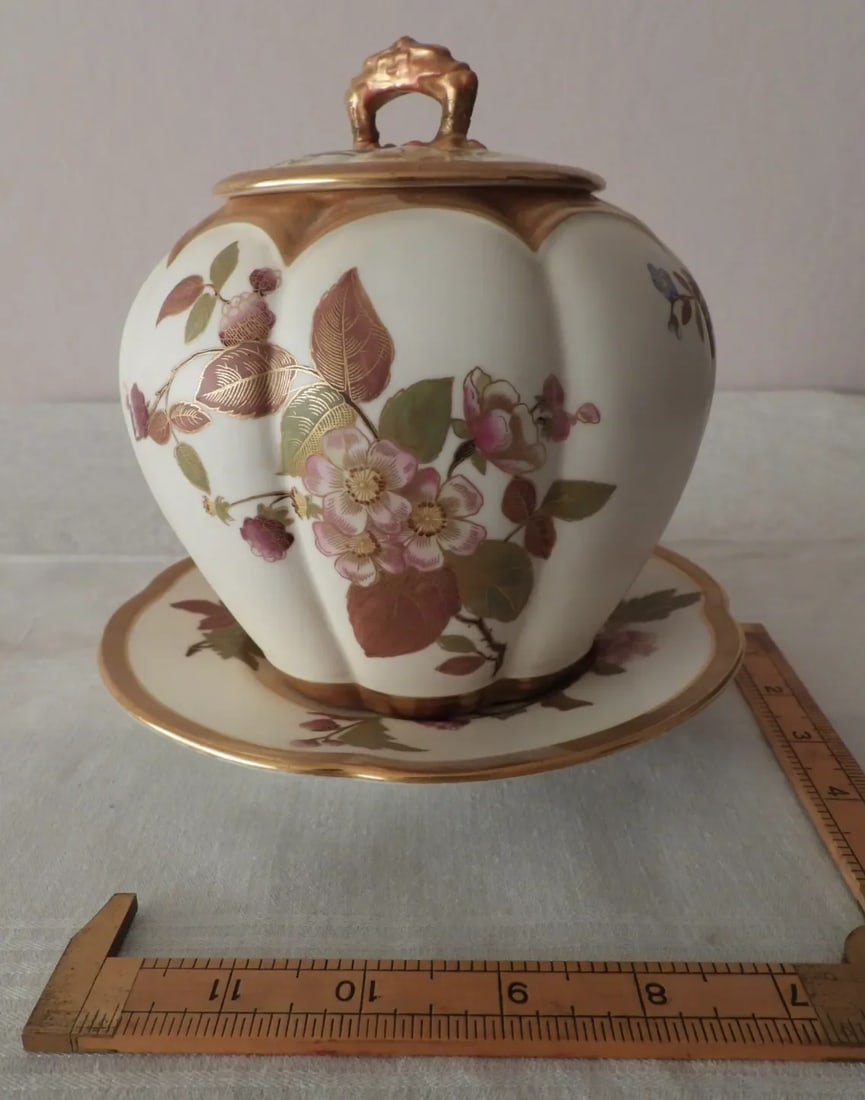 Antique Royal Worcester England Chinoiserie Floral Bisque Biscuit Jar Underplate 1888 - 5